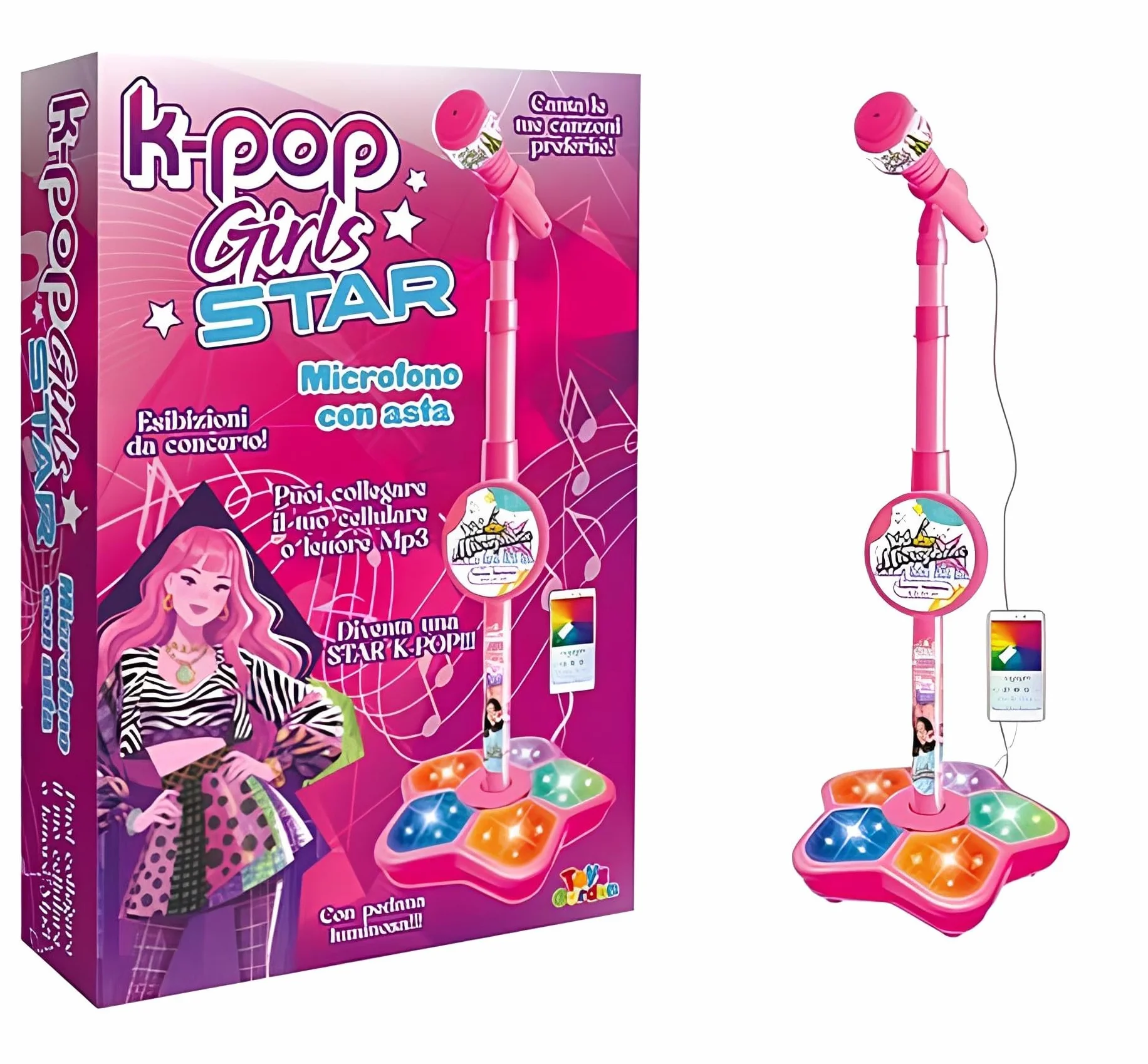 Microfono Karaoke K pop Idols Stars con Asta Regolabile e Pedana Luminosa, Luci LED, 100 cm, Giocattolo per Bambine - Idea Regalo