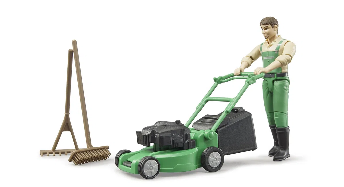 bruder 62103 - giardiniere bworld con tosaerba e attrezzi da giardino, figura giocattolo, fattoria