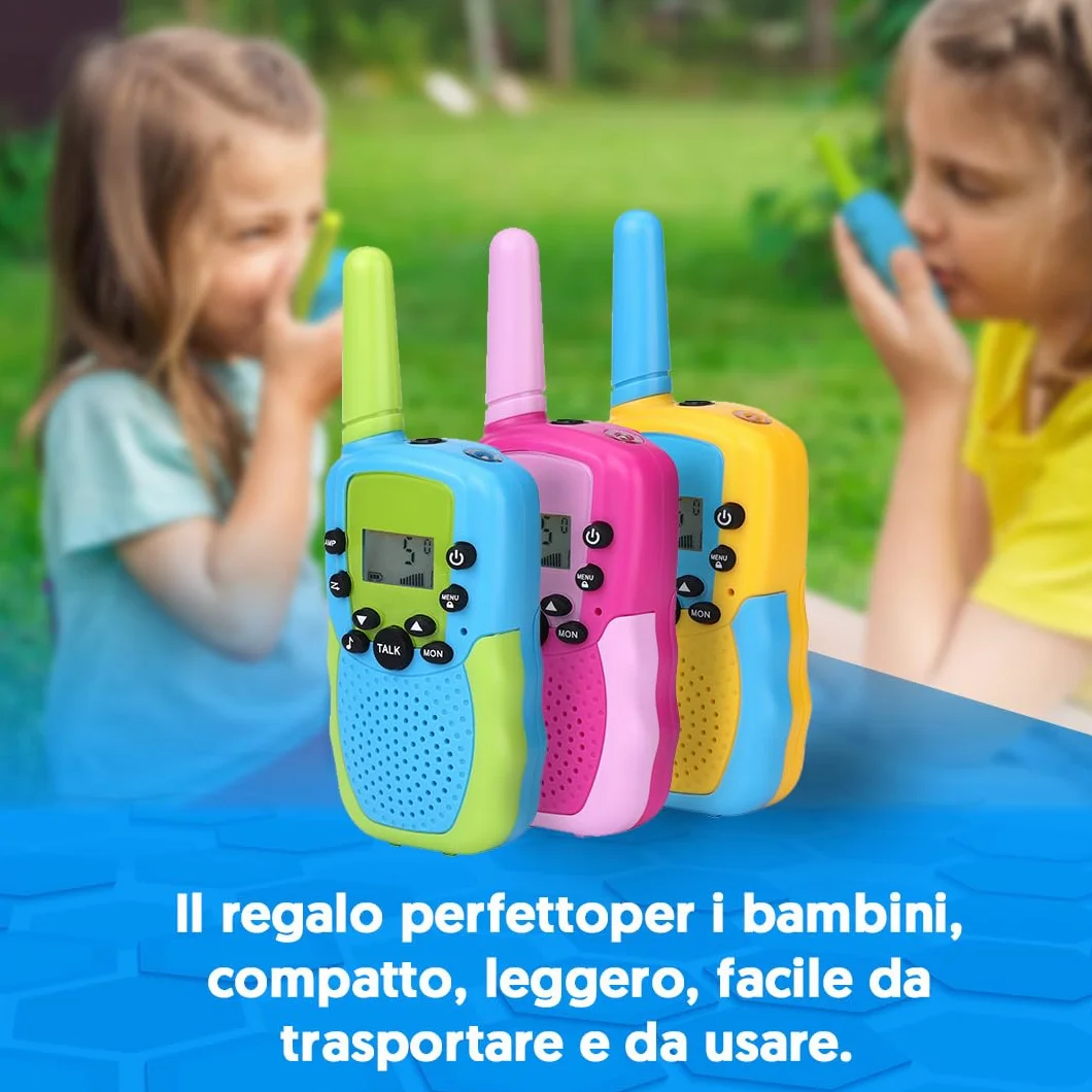 NK Set di 3 Walkie-Talkie per Bambini di 4 5 6 7 8 9 Anni (Batterie Incluse) - Lunga Distanza 3km, Display LED, 22 Canali, Giocattolo per Bambini con Torcia, Regalo di Natale Compleanno (3 unità)