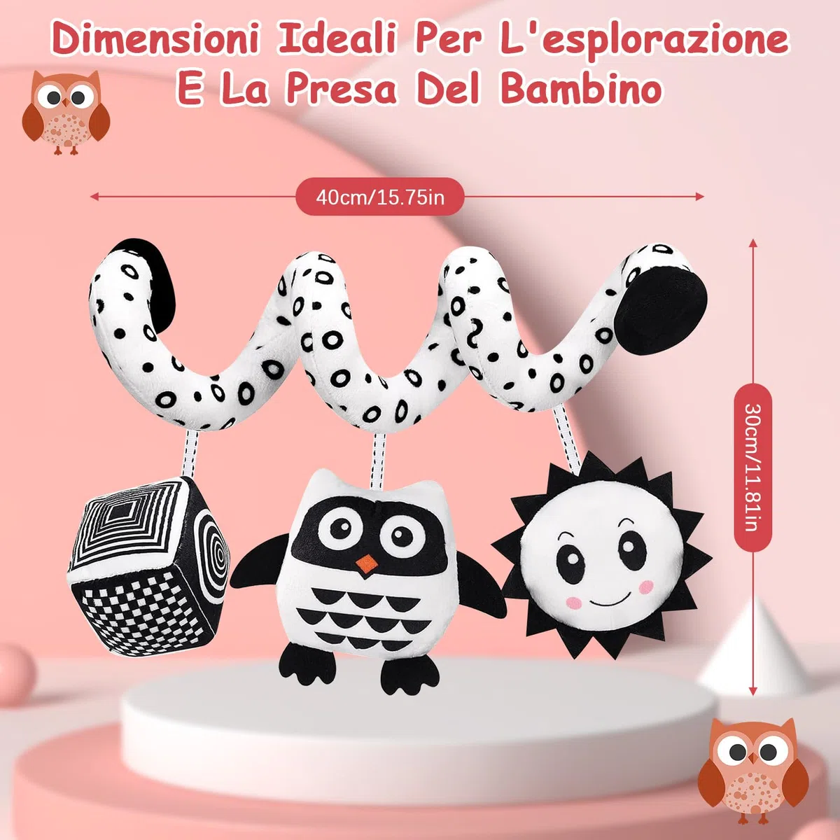 Giocattolo per Passeggino, Giocattolo di Peluche Sospeso a Contrasto Bianco E Nero per Culla/Seggiolino Auto/Marsupio, Giocattolo Baby Activity Spiral con Musica, Adatto a Bambini da 0 a 6 Mesi