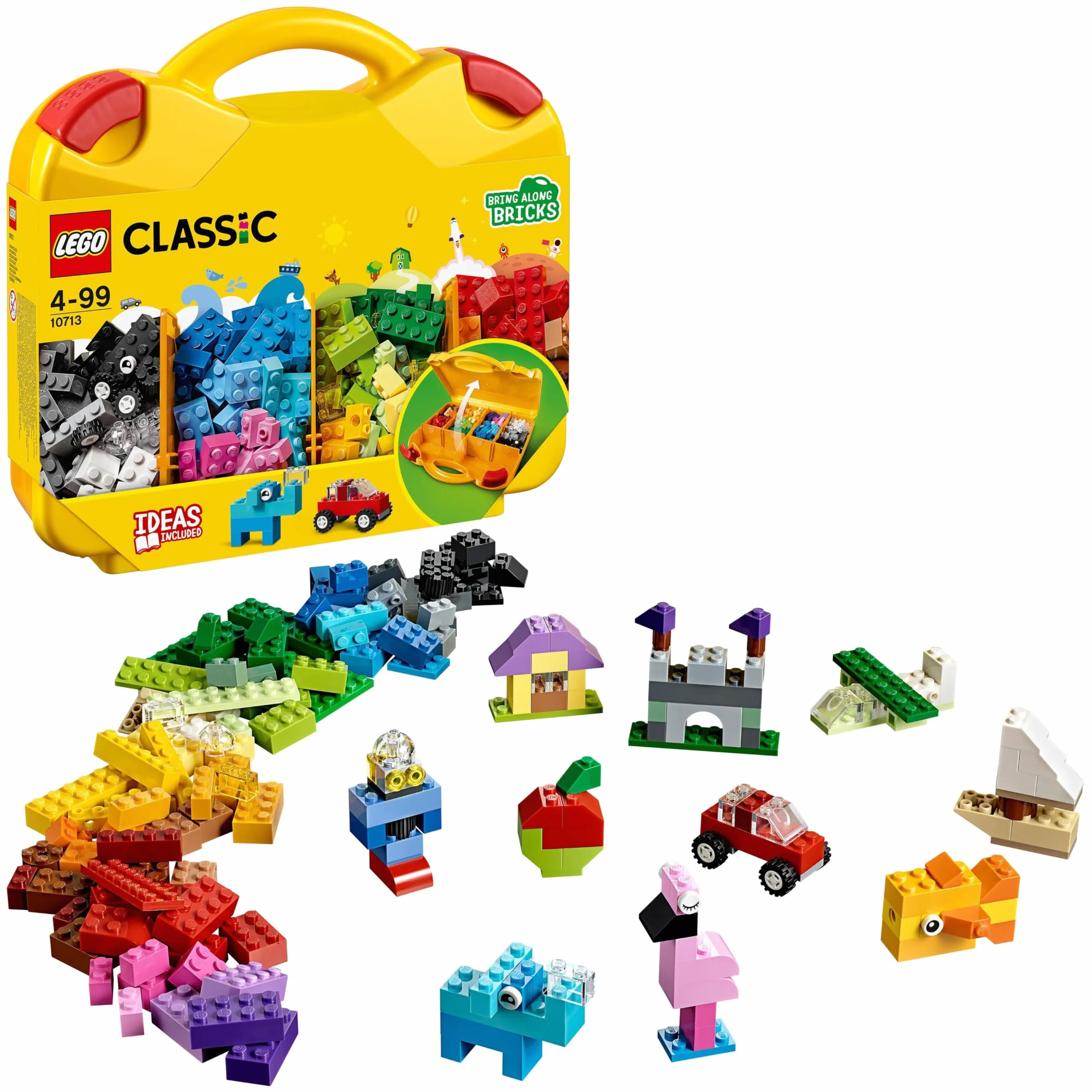 LEGO Classic Valigetta Creativa, Contenitore Mattoncini Colorati con Macchina Giocattolo, Nave, Casa, Castello e Animali da Costruire, Giochi per l'Apprendimento per Bambini e Bambine da 4 Anni 10713
