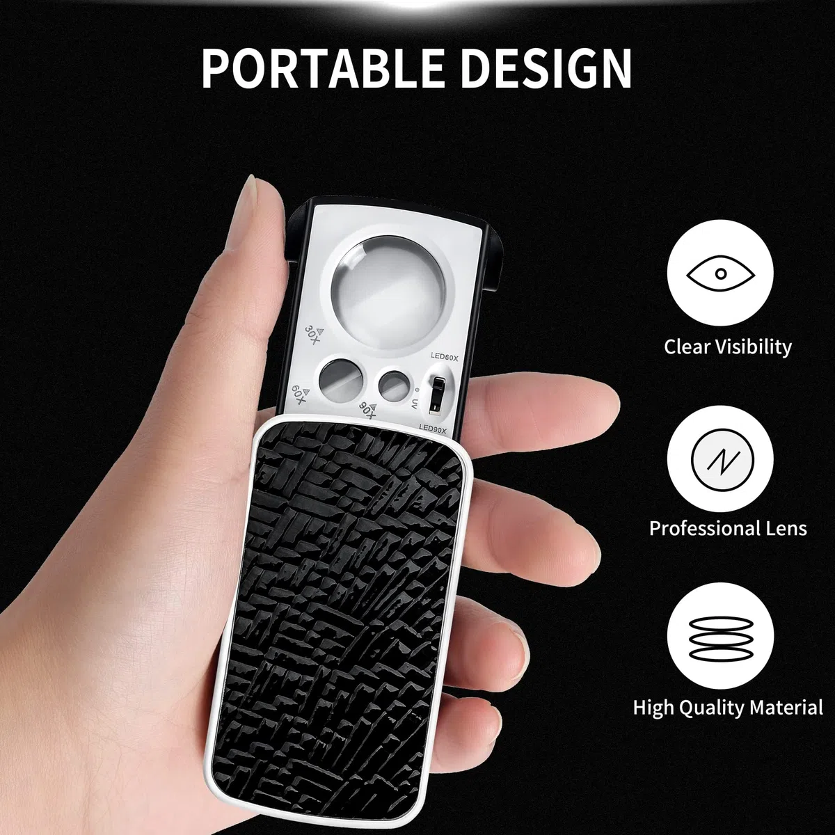 OS19 OS19 - Ingranditore Lente d'ingrandimento tascabile estraibile, 30x, 60x, 90x, con luce LED UV, portatile, per gioielli, diamanti, gemme, monete, francobolli, rocce, piante, casa, ufficio