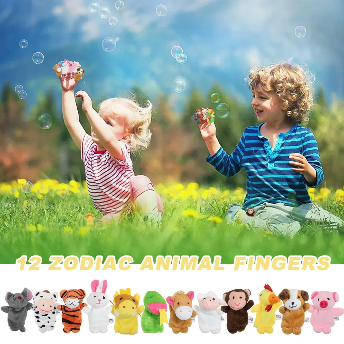 Marionette da Dito con Animali, 12 Pezzi, Velluto e Cotone, Per Bambini