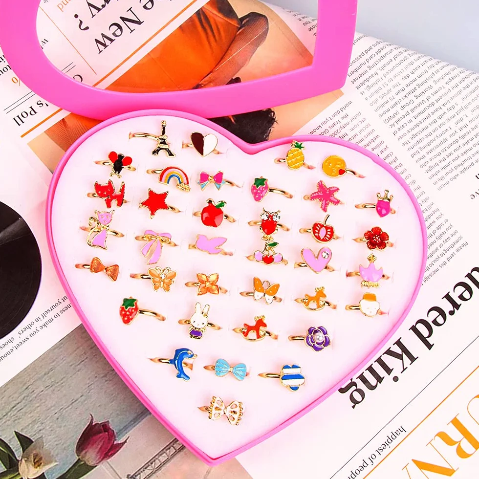 Set di Anelli per Bambine, 36 Pezzi Anello Bambina, Anelli per Bambini Gioielli, Ragazza per Bambini Anelli, con Vetrina a Forma di Cuore, per Bambini Favori di Compleanno (Stile Casuale)