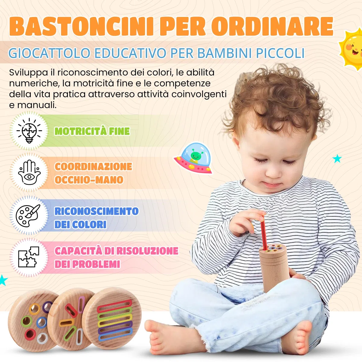 YAANI Montessori - Bacchette per assortimento Montessori, Giocattoli per bambini 6 mesi - 3 anni
