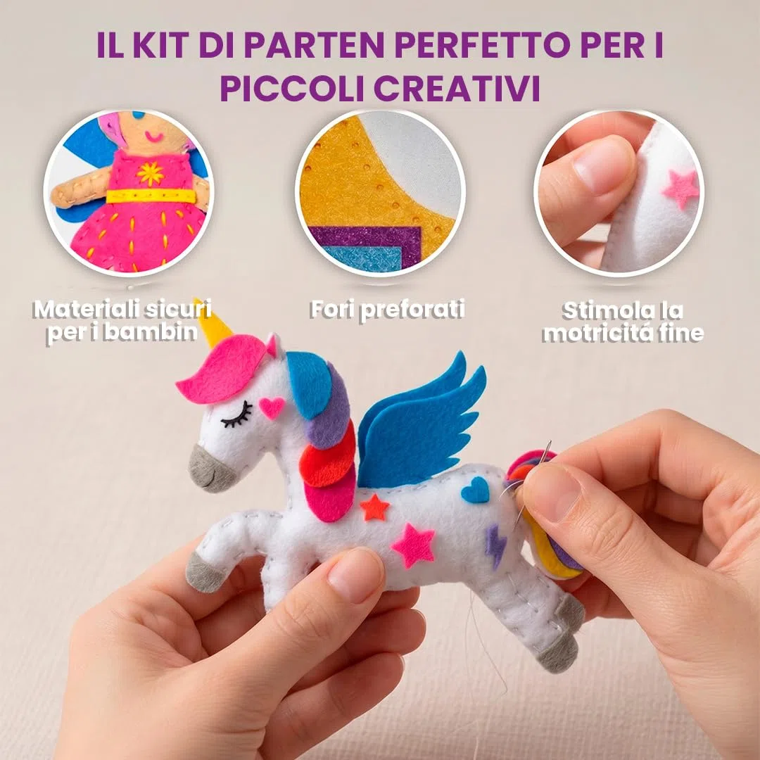 DeFieltro Fantasia – Kit Cucito Bambina con Unicorno e Fata (5 Figure) – Set Cucito Bambini Creativo – Imparare il Cucito per Bambini