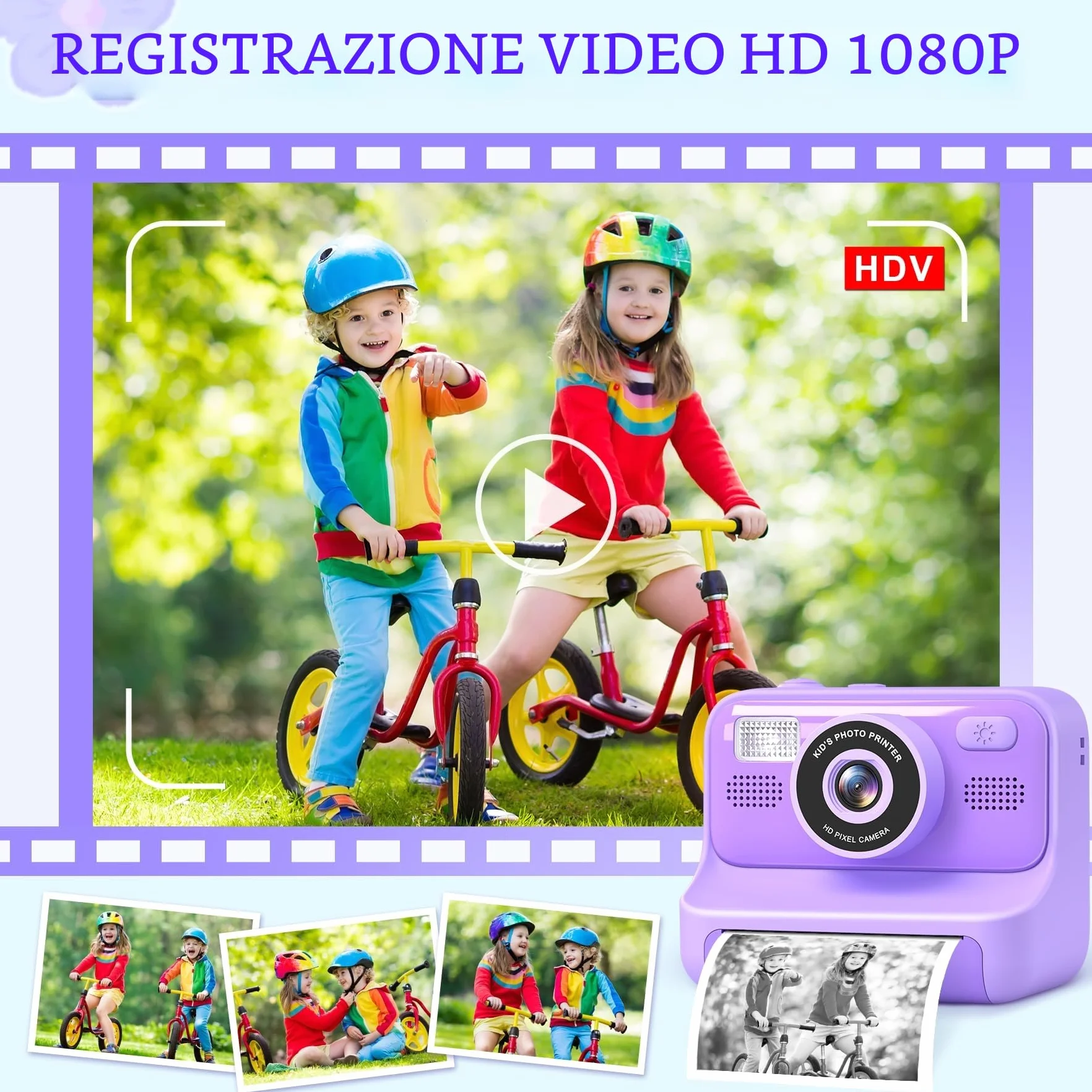 Subtail Fotocamera istantanea per bambini, 1080P, fotocamera istantanea per bambini, fotocamera digitale per selfie con 32 GB, giocattolo di compleanno a partire da 3-12 anni(Viola)
