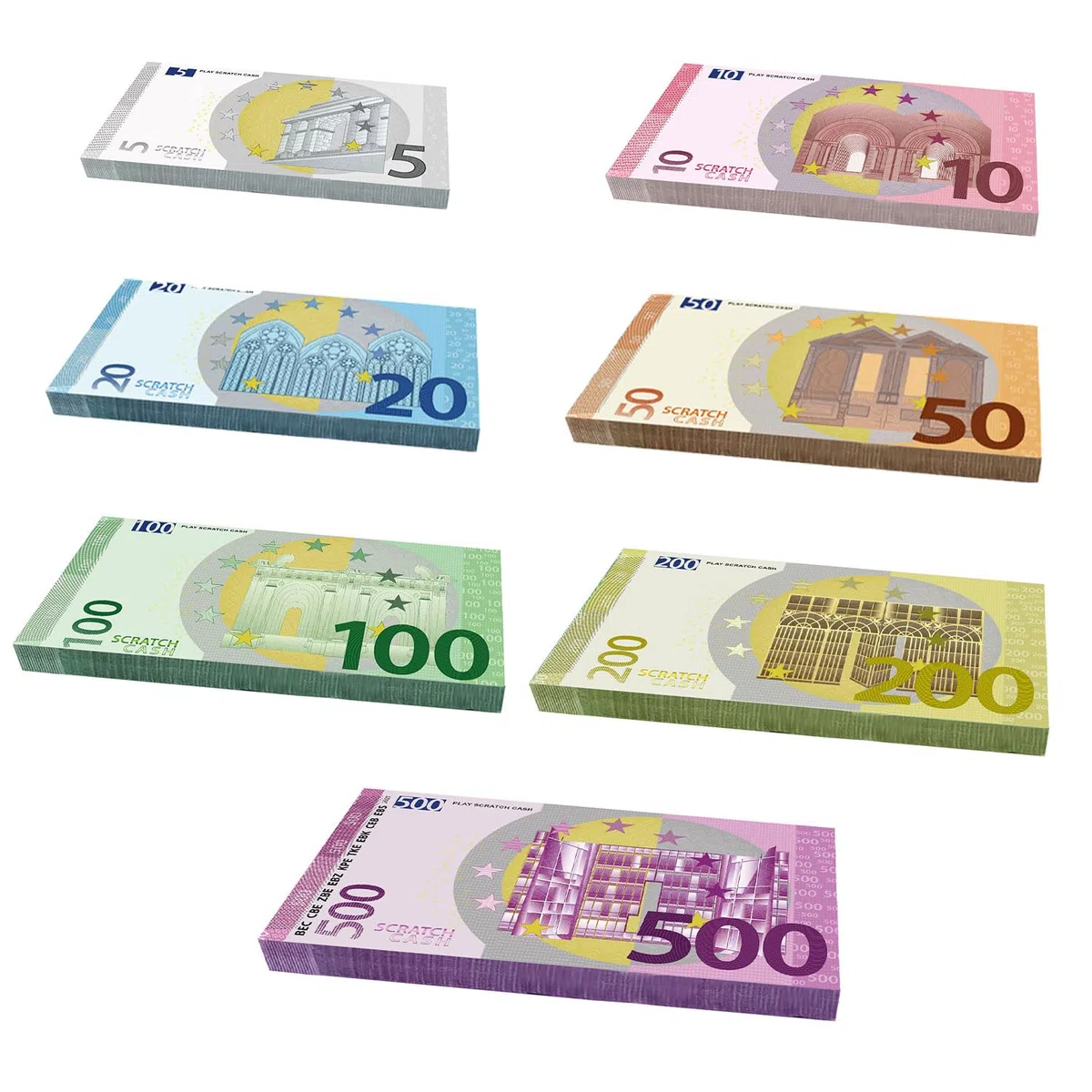 Scratch Cash Mini Bundle 175 - Banconote Finte 25 x 5, 10, 20, 50, 100, 200, 500 Euro, Fac-Simile Euro, Dimensioni Reali