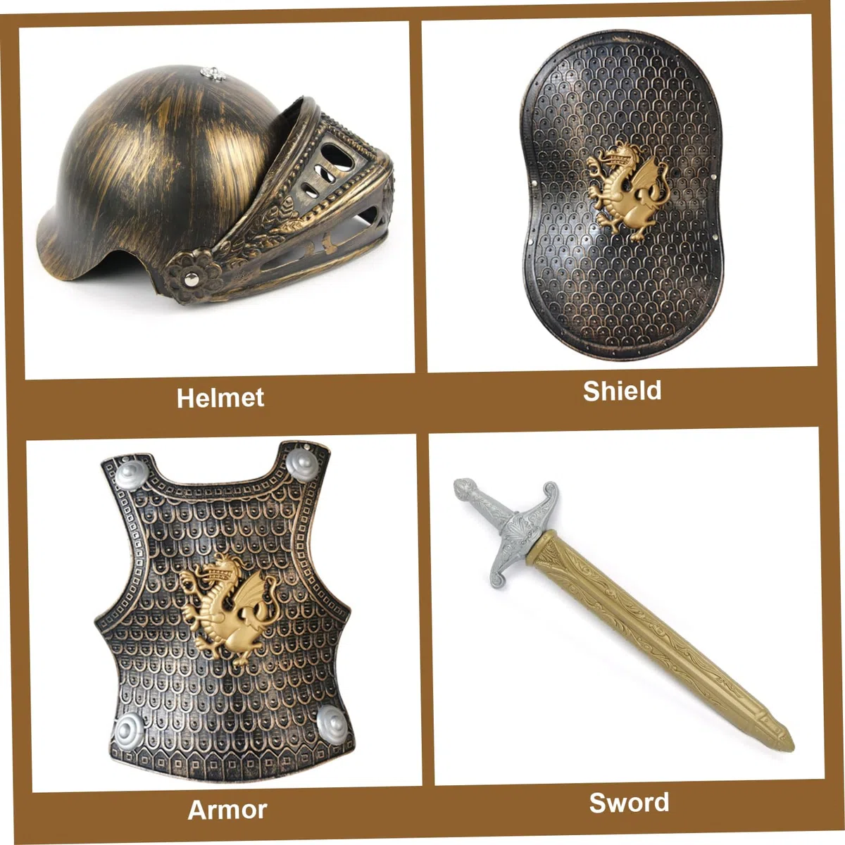 4 Pezzi/Set Costume da Cavaliere per Bambini Armatura da Cavaliere in plastica con Casco Spada e Scudo per Bambini per Feste a Tema VBS Vestire Costumi di Ruolo