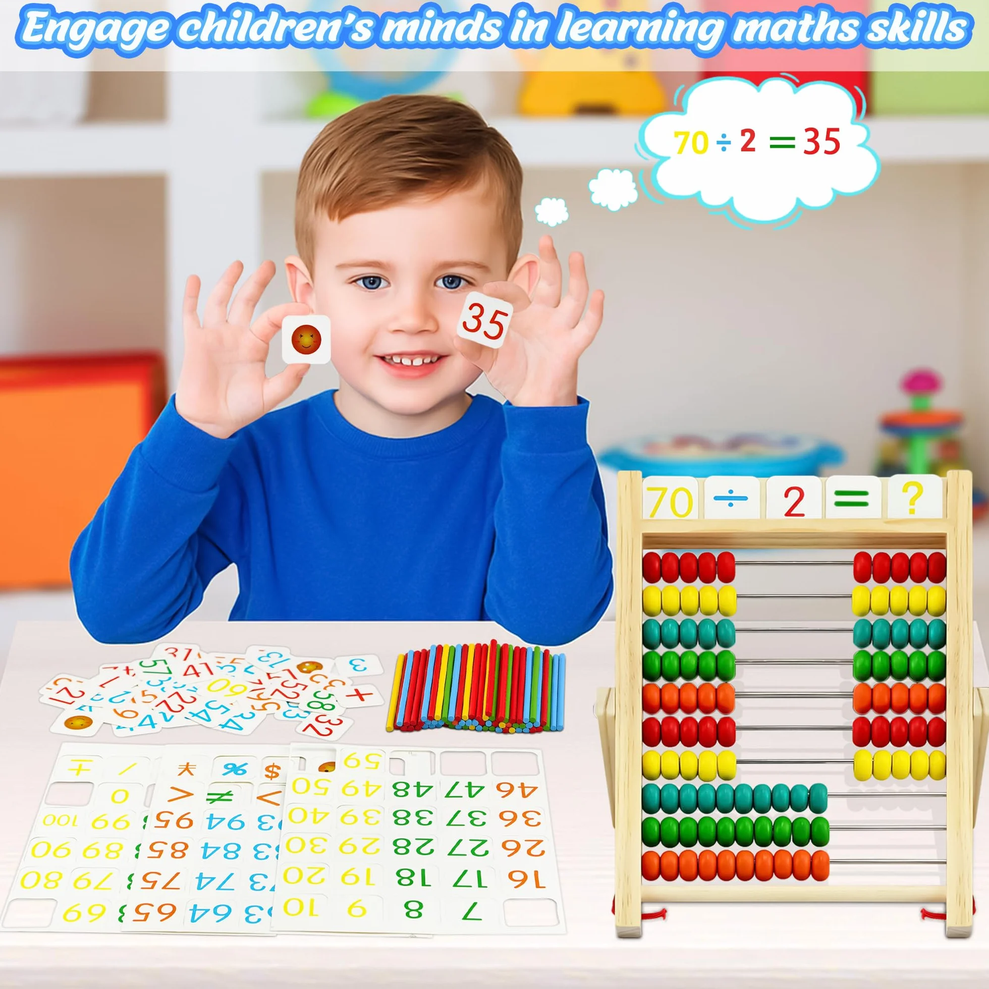 Abaco di Legno per Bambini, Giochi Montessori Abaco con 100 Bastoncini di conteggio e Carte con Lettere numeriche Giocattoli Educativi Giochi Abaco Regali per Ragazzi e Ragazze Oltre i 3 Anni