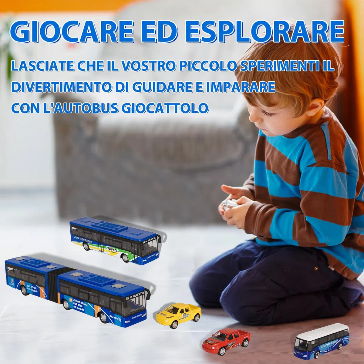 VBACALA Set Autobus Giocattolo per Bambini 5 Pezzi con Autobus Urbano,per l'Aeroporto,Articolato Metropolitana e Mini Pickup Camion,Funzione Pull-Back Veicoli Giocattolo,Regalo di per 3+ Bambini