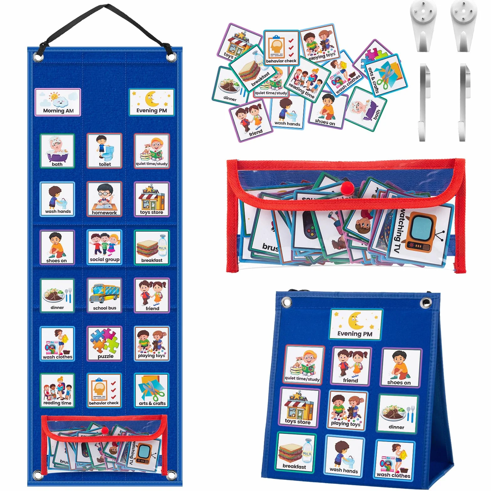 IKIGOAL Tabella del calendario della pianificazione visiva dei bambini, 2 in 1 grafico di routine quotidiana dell'autismo con 70 carte materiali
