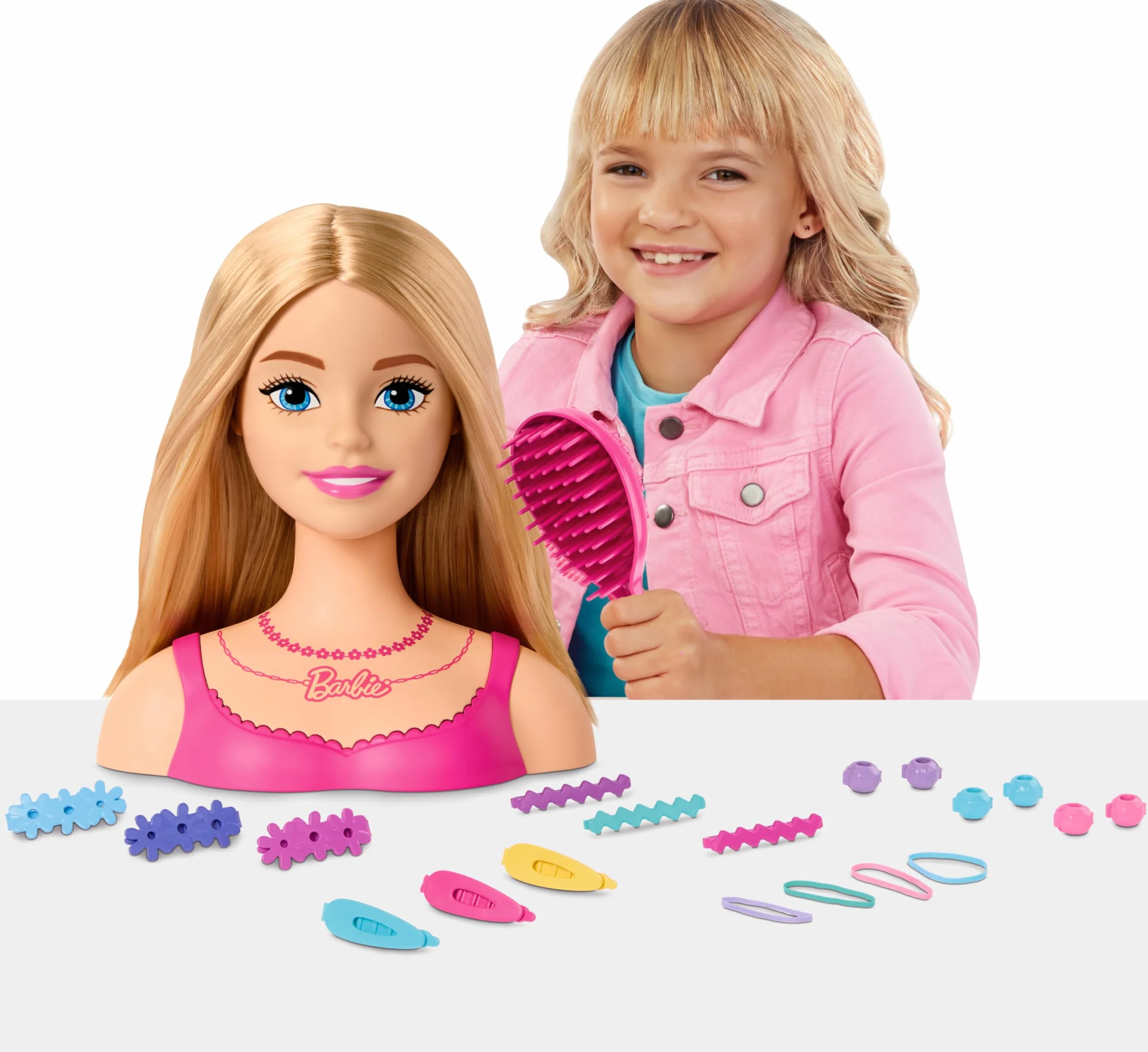 Barbie Testa per acconciare le bambole, capelli biondi con 20 accessori colorati, testa di bambola per acconciature, HMD88