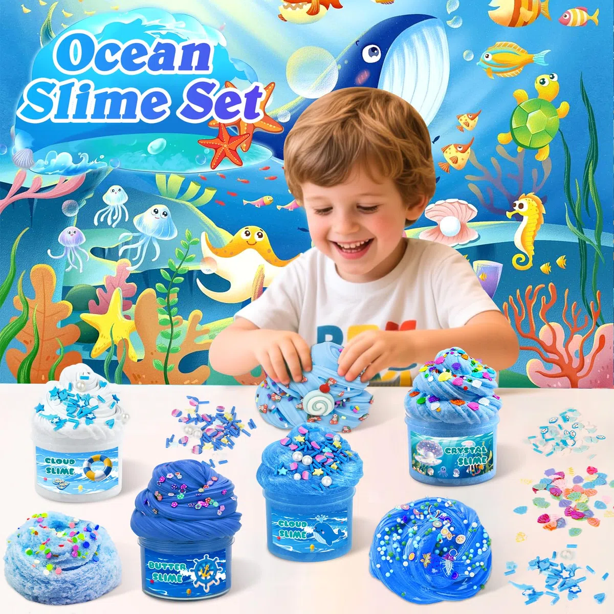 6 Pezzi Fluffy Butter Slime Set, Blu Crystal Slime per Bambini, Butter Slimes Set, Putty Giocattoli, DIY Slime Morbido ed Elasticizzato per Bambine e Bambini Feste Regalo (Blu)