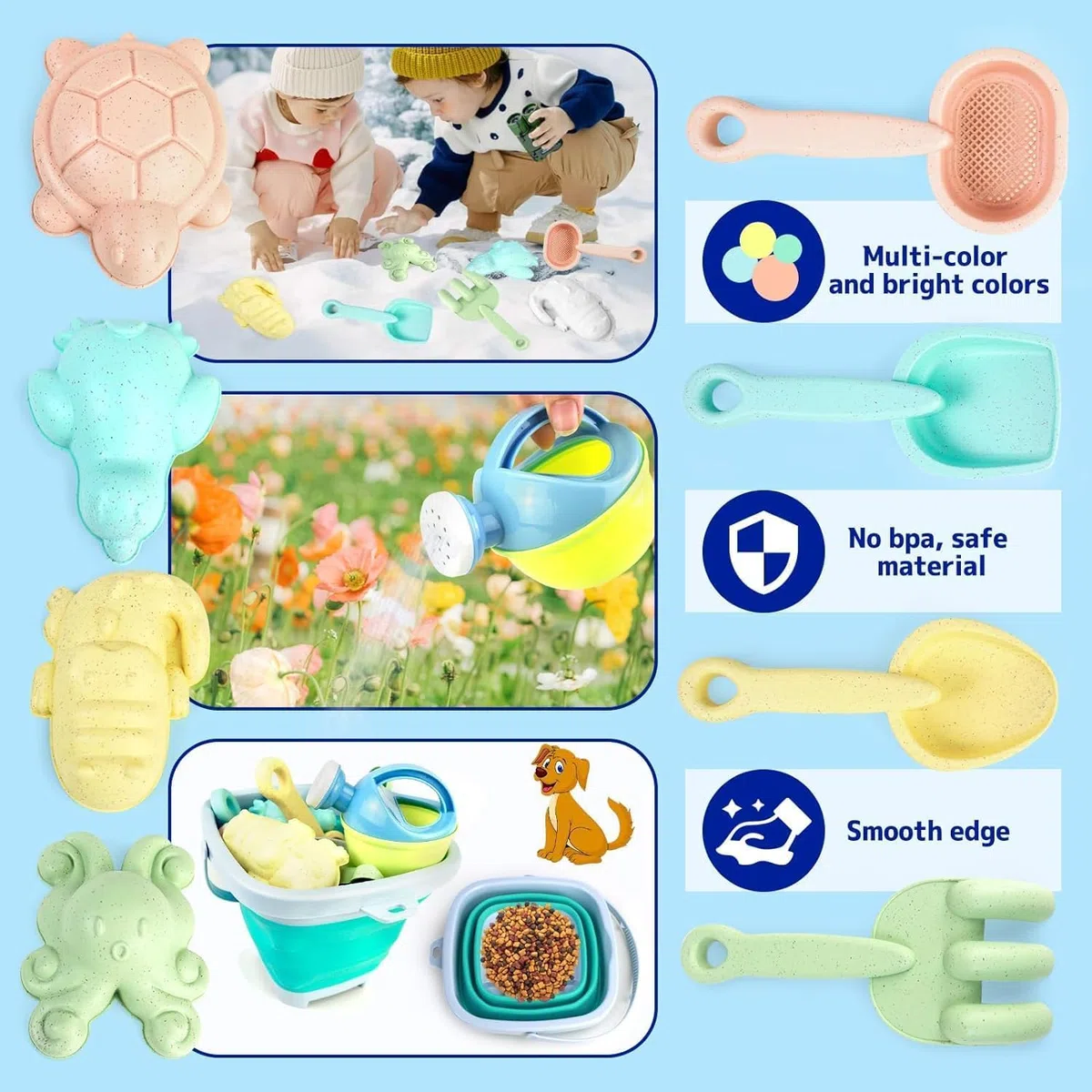 Giochi Spiaggia Bambini | 11 Pezzi con Secchiello Pieghevole & Formine | Giochi Spiaggia Bambini 1 Anno | Sabbia & Acqua | Set Spiaggia Bambino (Colori Vivaci) (Secchio Arancione)