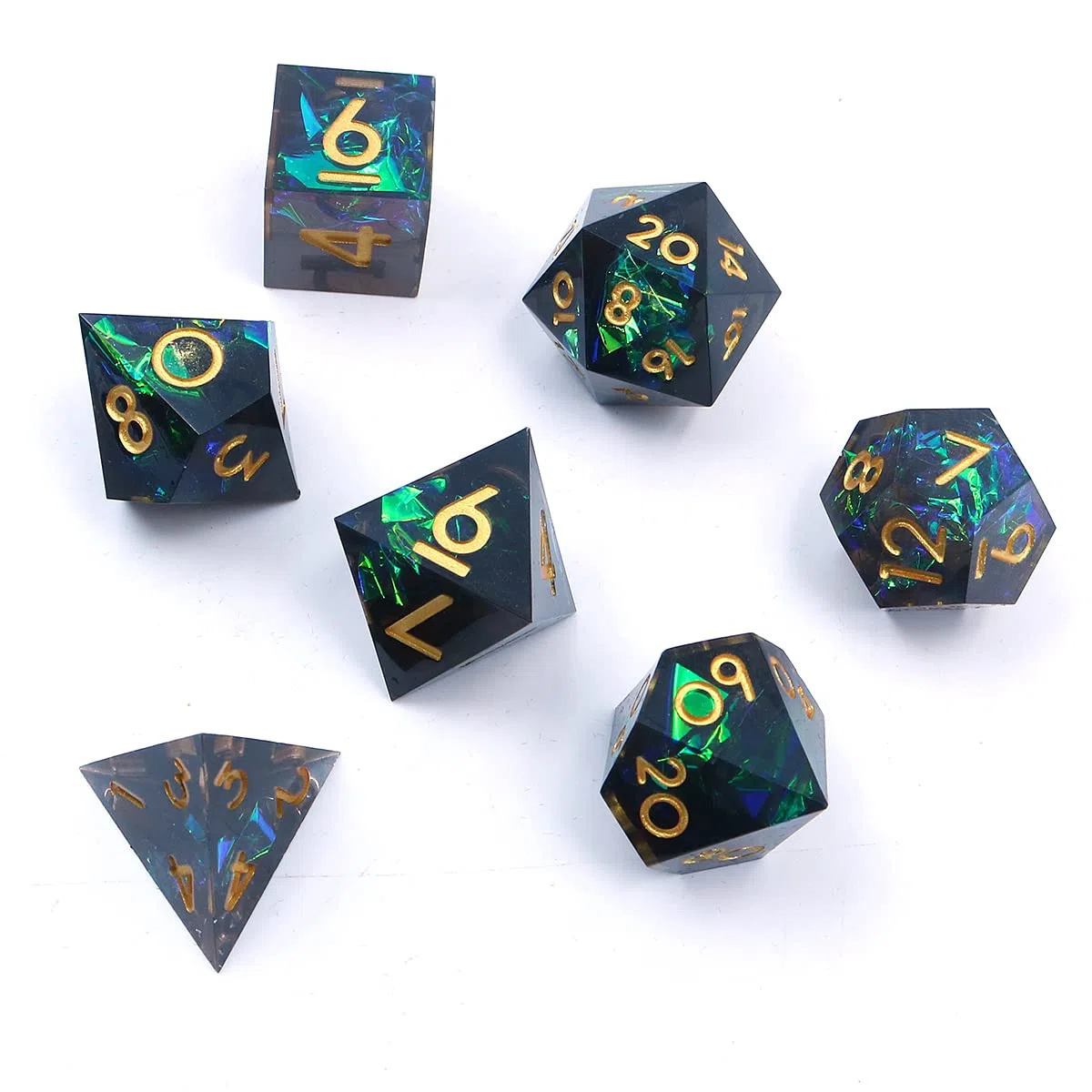 DollaTek Set di Dadi DND Trasparenti in Resina di Lusso - Poliedrici Rpg D4 D6 D8 D10 D12 D20 - Nero e Verde