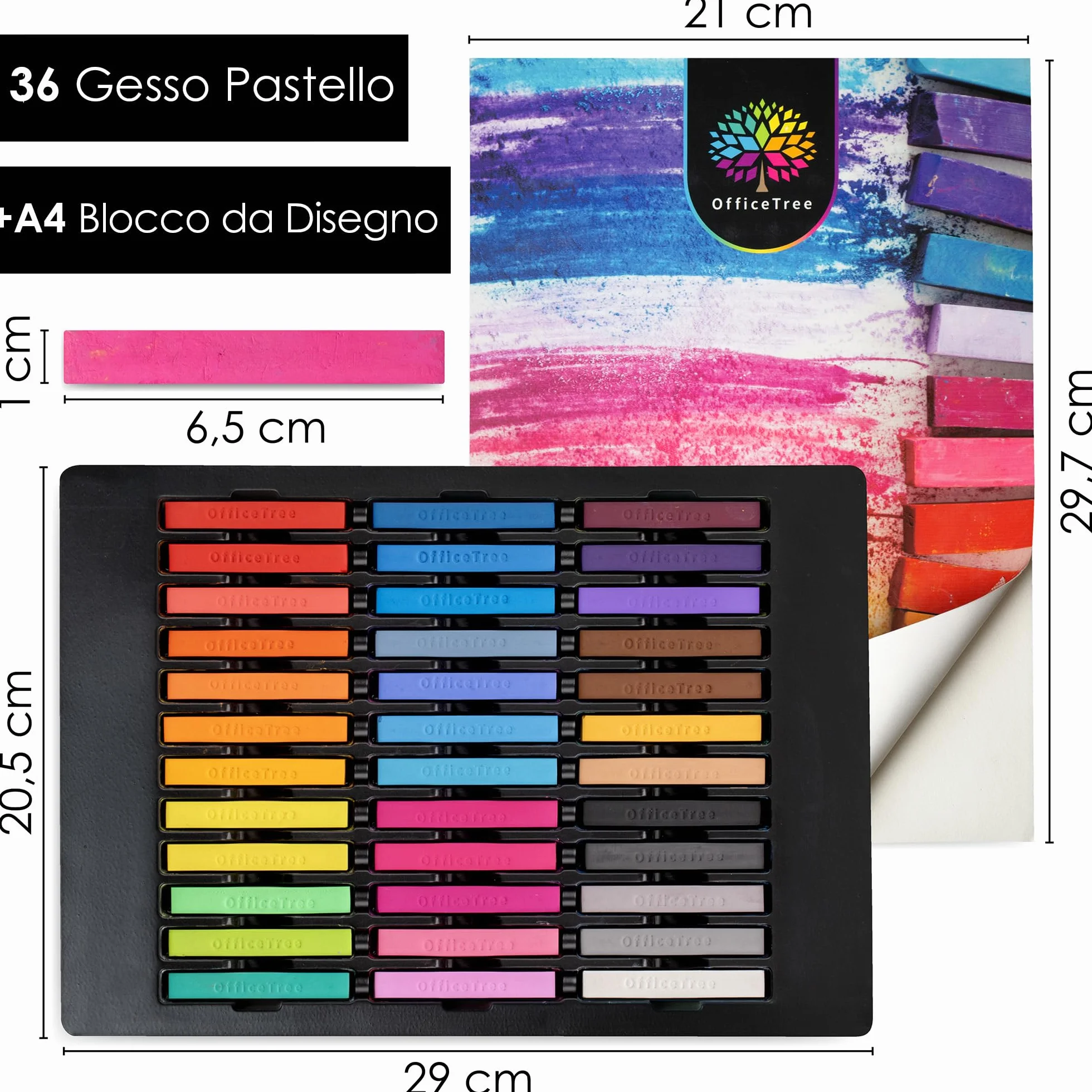 OfficeTree 36 pastelli a gesso per artisti, pastelli morbidi con blocco per schizzi, colori vivaci, set di pastelli