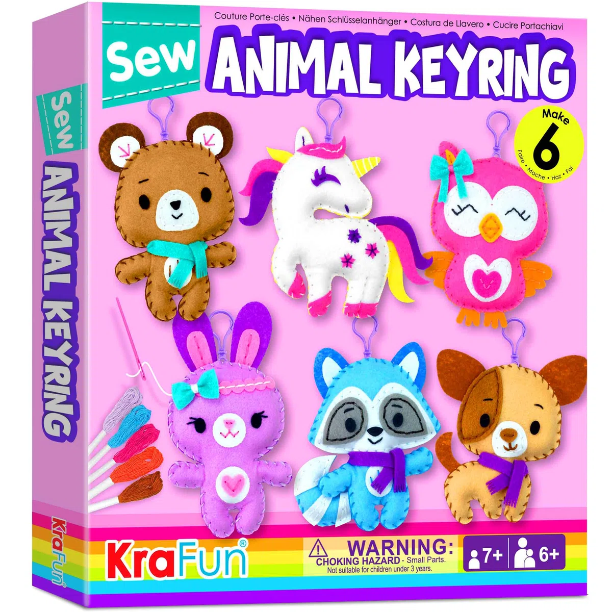 KRAFUN Kit da Cucito Portachiavi per Bambini 7+ Anni, 6 Bambole Peluche (Orsacchiotto, Unicorno, Cucciolo), Feltro, Istruzioni, Giocattolo Educativo