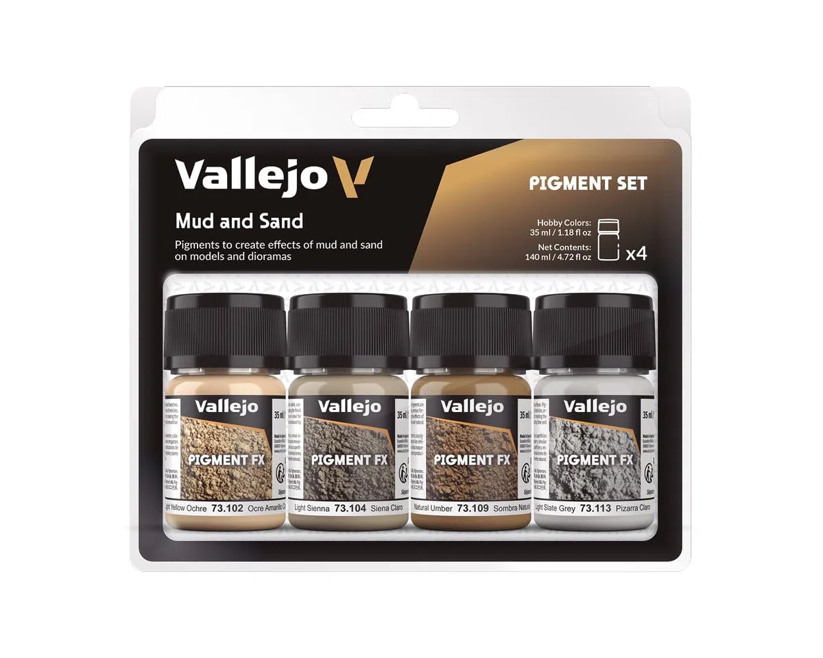 Vallejo Pigment FX Set di Pigmenti per Maquette e Diorami, Kit di 4 Colori Sintetici da 35 Ml, Tutorial Incluso per Simulazione di Barro e Arena
