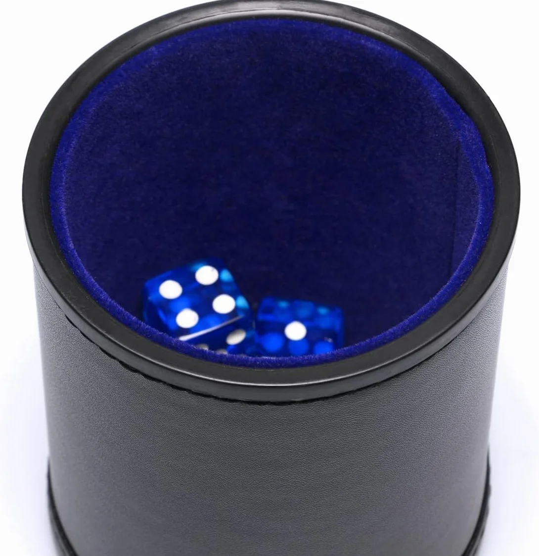 Coppa per dadi in pelle PU con coperchio, interno in velluto blu, silenzioso, include 6 dadi traslucidi blu per dadi bugiardi/farkle/giochi Yahtzee