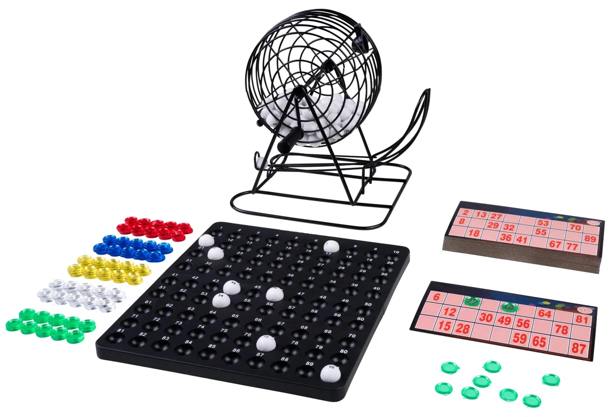 Engelhart - 360565 - Bingo/Lotteria con 90 Palline e Mescolatore in Metallo da 13,5 cm di Diametro – Include Segnalini, Regole, Cartelle Riutilizzabili e 150 Segnalini – Gioco Familiare