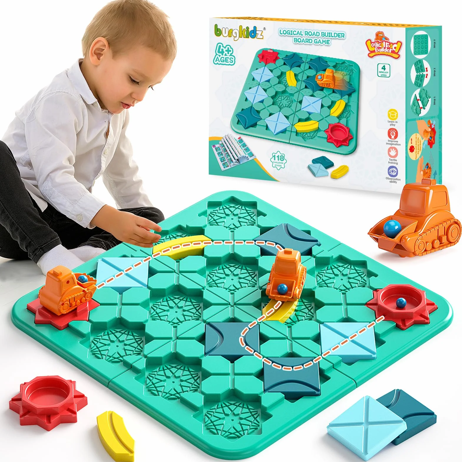 burgkidz Logico Puzzle Labirinto Giochi da Tavolo Costruttore di Strade con 118 Sfide, per Sviluppare la Logica Giocattoli per Bambini 4 5 6 7 8 Anni Ragazzi