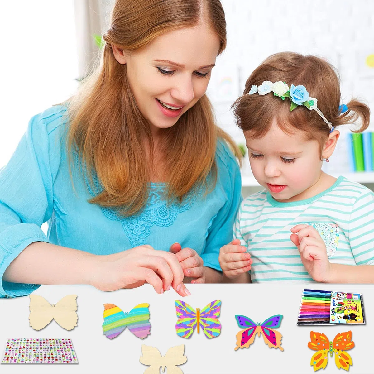 Qunkun Set fai da te in legno con unicorno, 55 pezzi, set fai da te creativo per bambini, set fai da te con matita ad acquerello e adesivi con pietre preziose