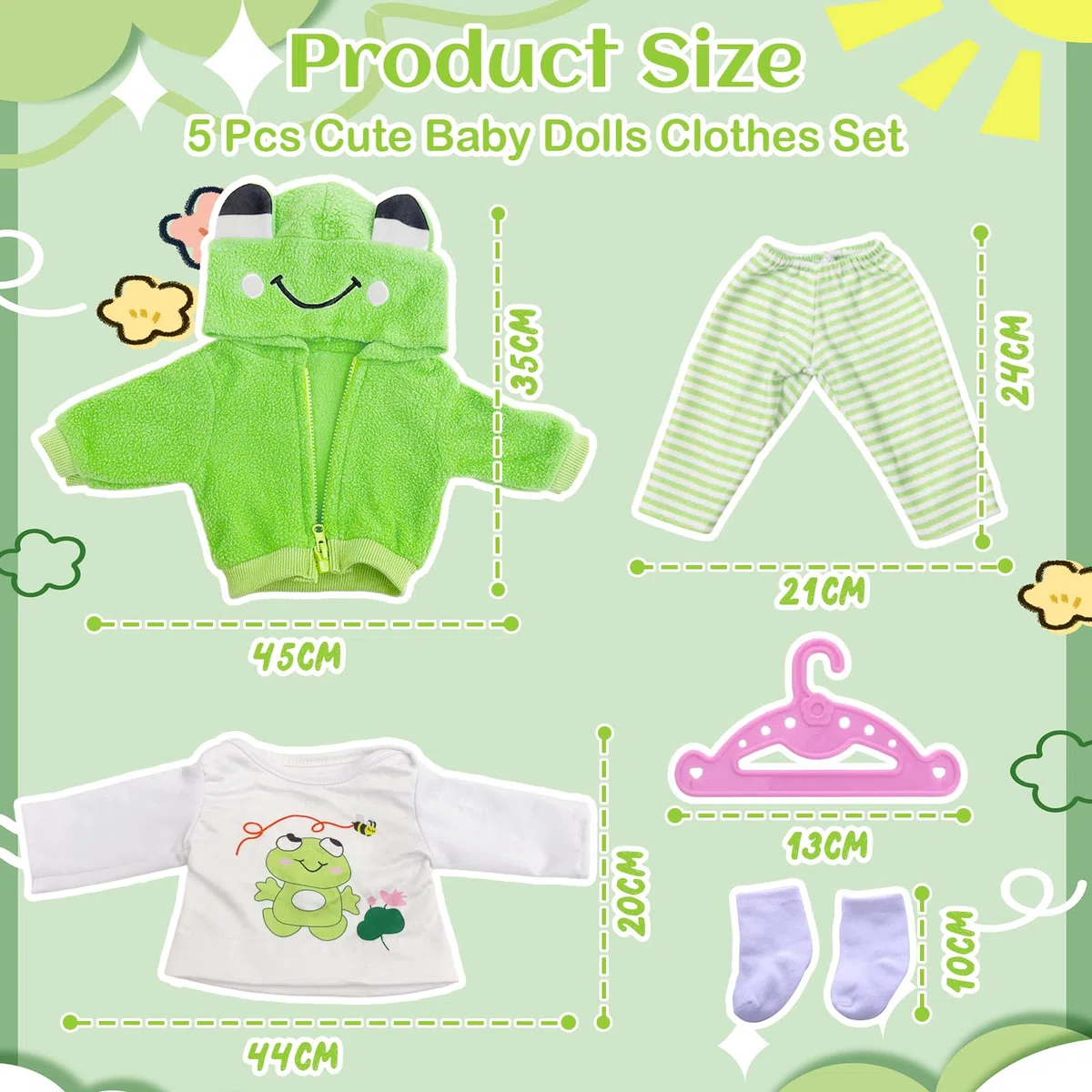 Vestiti per bambole da 50 a 55 cm, set per bambole da 20 a 22 pollici, 1 giacca con cappuccio verde, 1 top 1 paio di calzini 1 appendiabiti, graziose stampe di animali