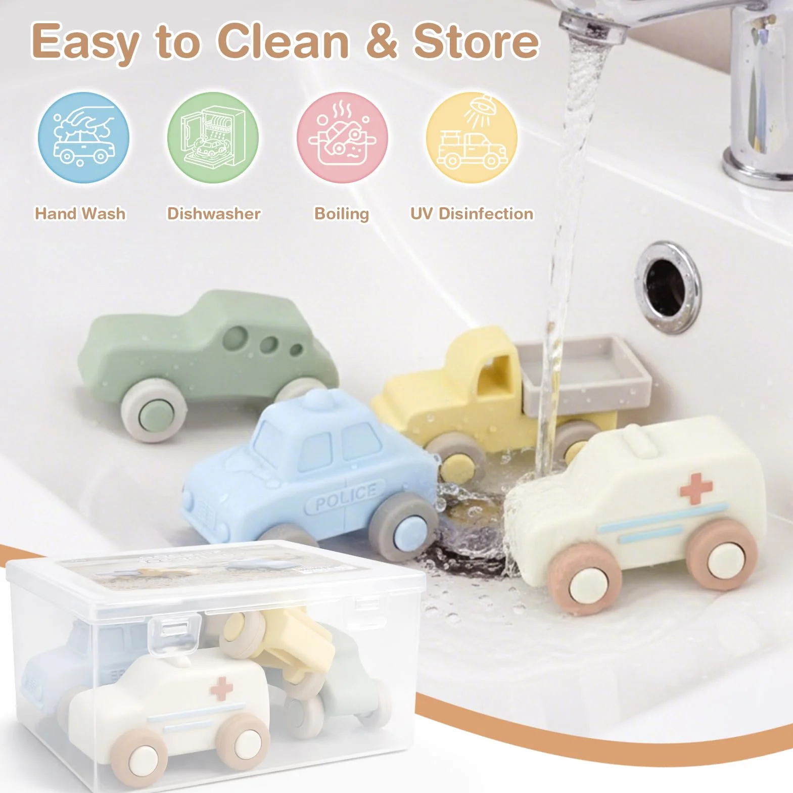 Vanplay Macchinine per Bambini, Giochi Bambini 1 Anno Giochi Montessori 6 Mesi+ Silicone Dentizione Neonato Regalo Bambino 1 Anno (4 Pezzi)