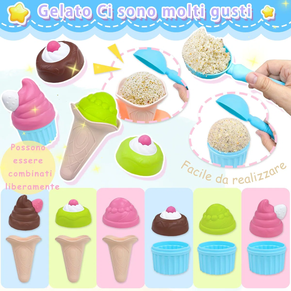 VBACALA Set Spiaggia per Bambini 15 Pezzi,Giocattolo Spiaggias di Gelato Completo con Pala,Gelato Stampo,Cono Torta Giocattolo Spiaggia, Giocattoli Bambini 3+ Anni