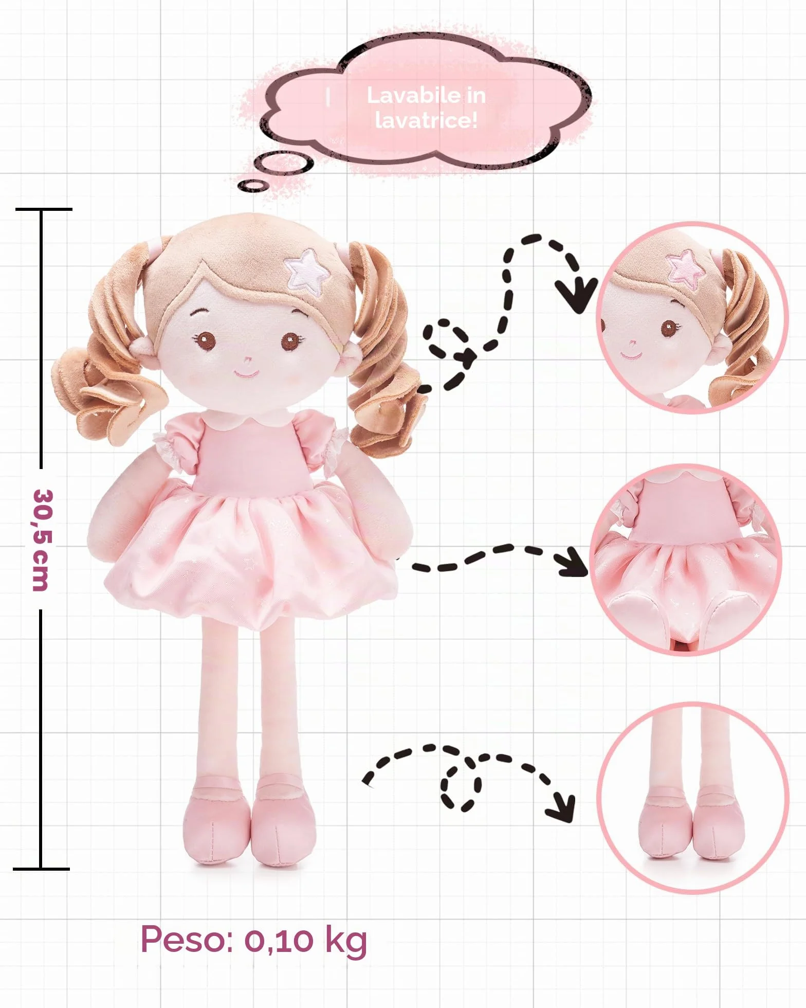 LeyaDoll Bambola morbida(12''), bambola bambina ideale come regalo bambino 1 anno, regalo di battesimo e Natale per bambina e neonati Daydream-Princess-Starlet-Light-Pink