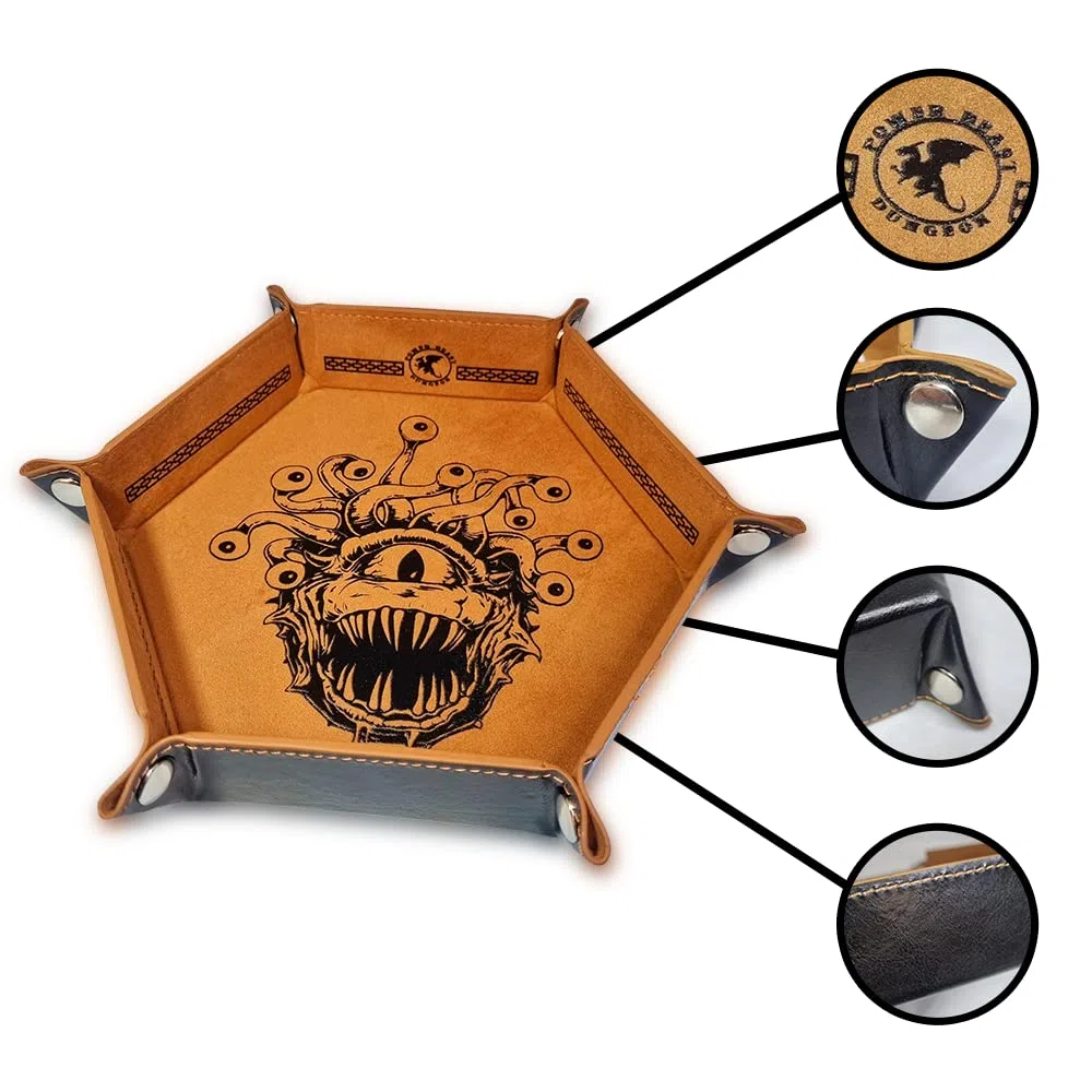 Dungeon Beholder Tappetino per rollare i dadi, vassoio per dade + set di poliedrici 7 pezzi, Dungeons and Dragons, Dungeon Master, RPG.