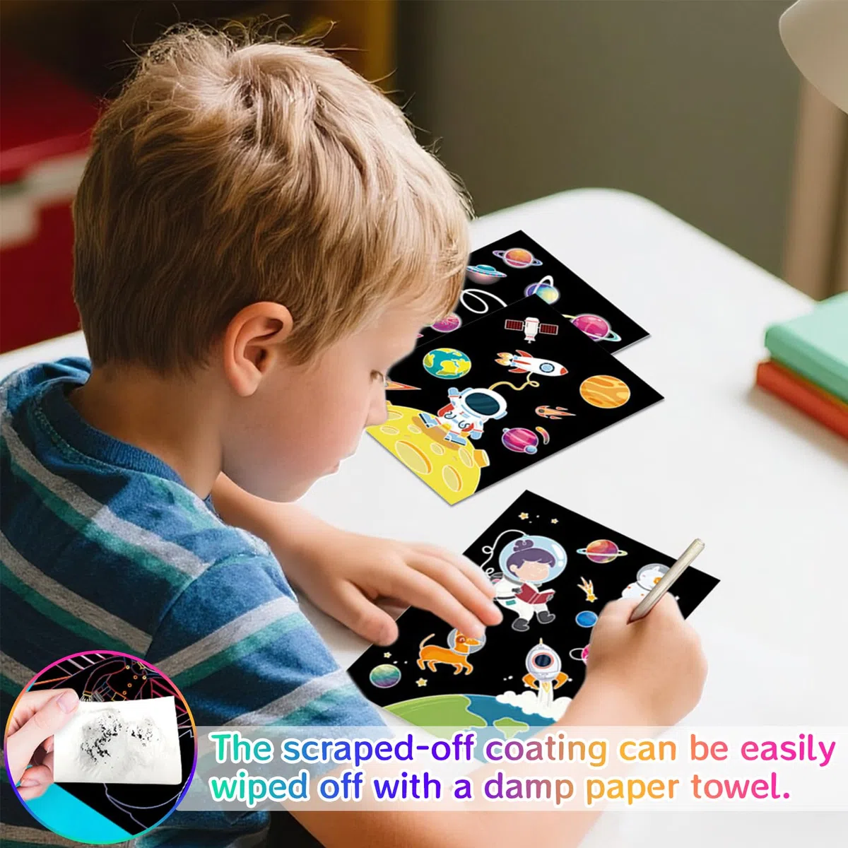 Set 4 Blocchi Disegni Grattare Per Bambini, Carta Magica Arcobaleno Grattare, Album Grattare Con Temi Dinosauri, Spazio, Oceani e Animali, Con Penna In Legno, Ideale Per Relax e Decorazione