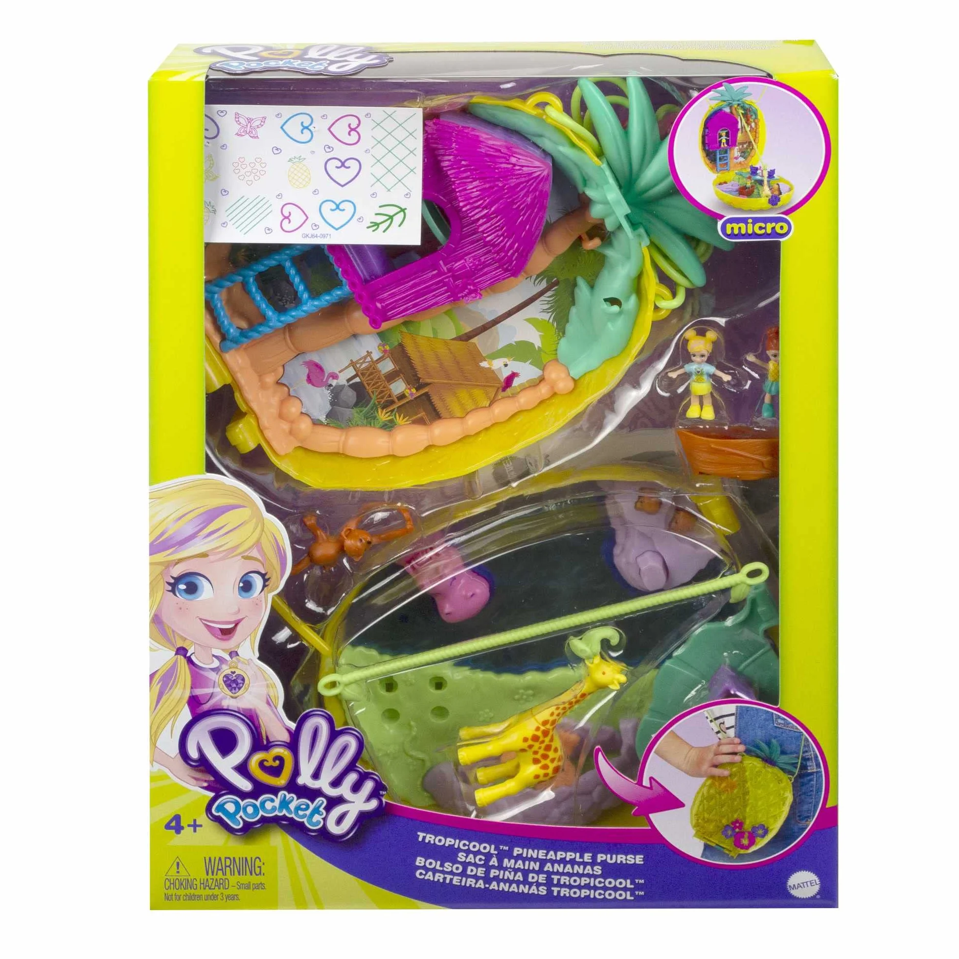 Polly Pocket Tropicool Ananas compatto borsetta da indossare con 8 simpatiche sorpresa, micro Polly e Lila, 2 accessori e foglio sticker; dai 4 anni in su, giallo, GKJ64