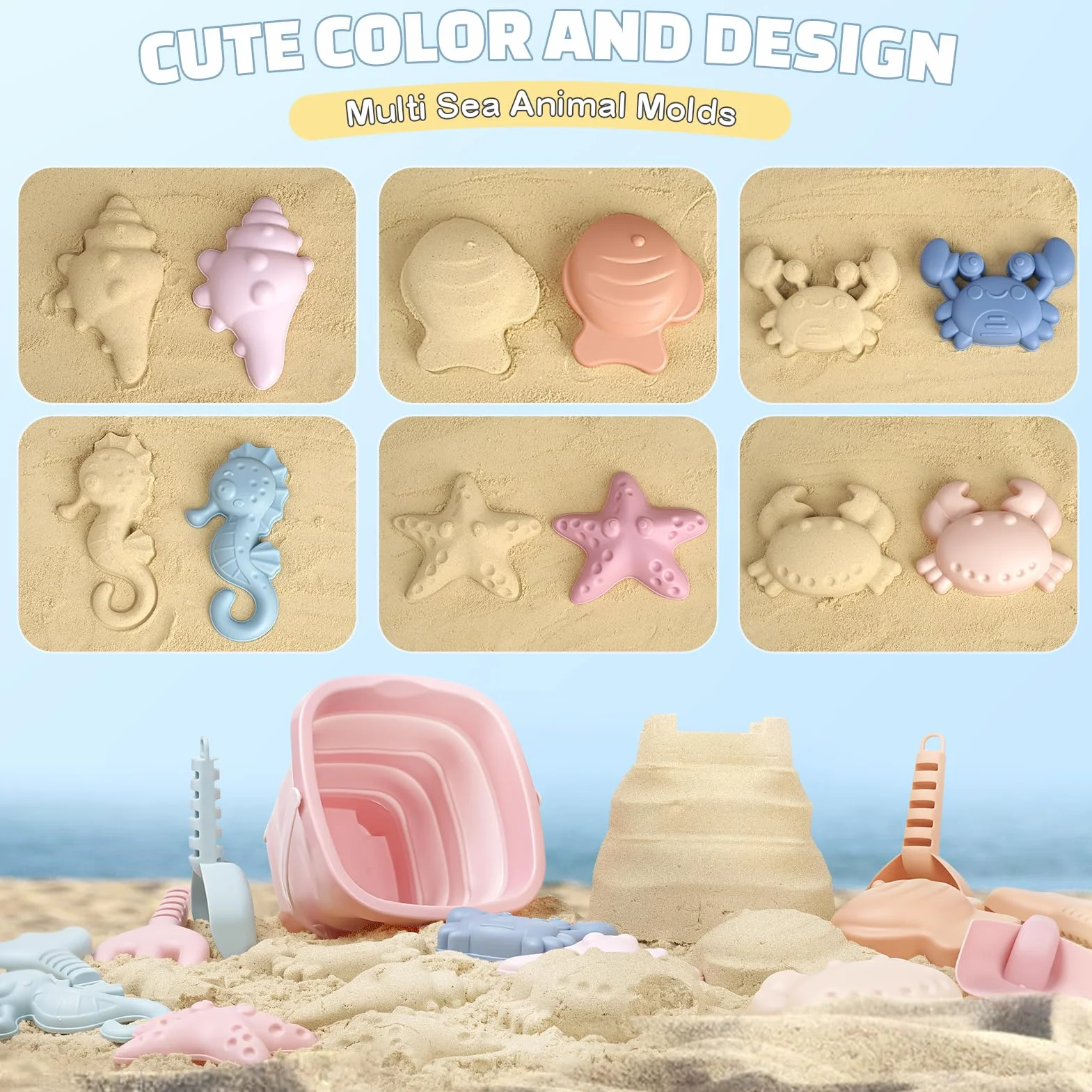 Dreamon Giochi Spiaggia Bambini, 18 Pezzi Giochi Mare con Secchiello Spiaggia Bambini Pieghevole Paletta Borsa Rete Giochi Spiaggia