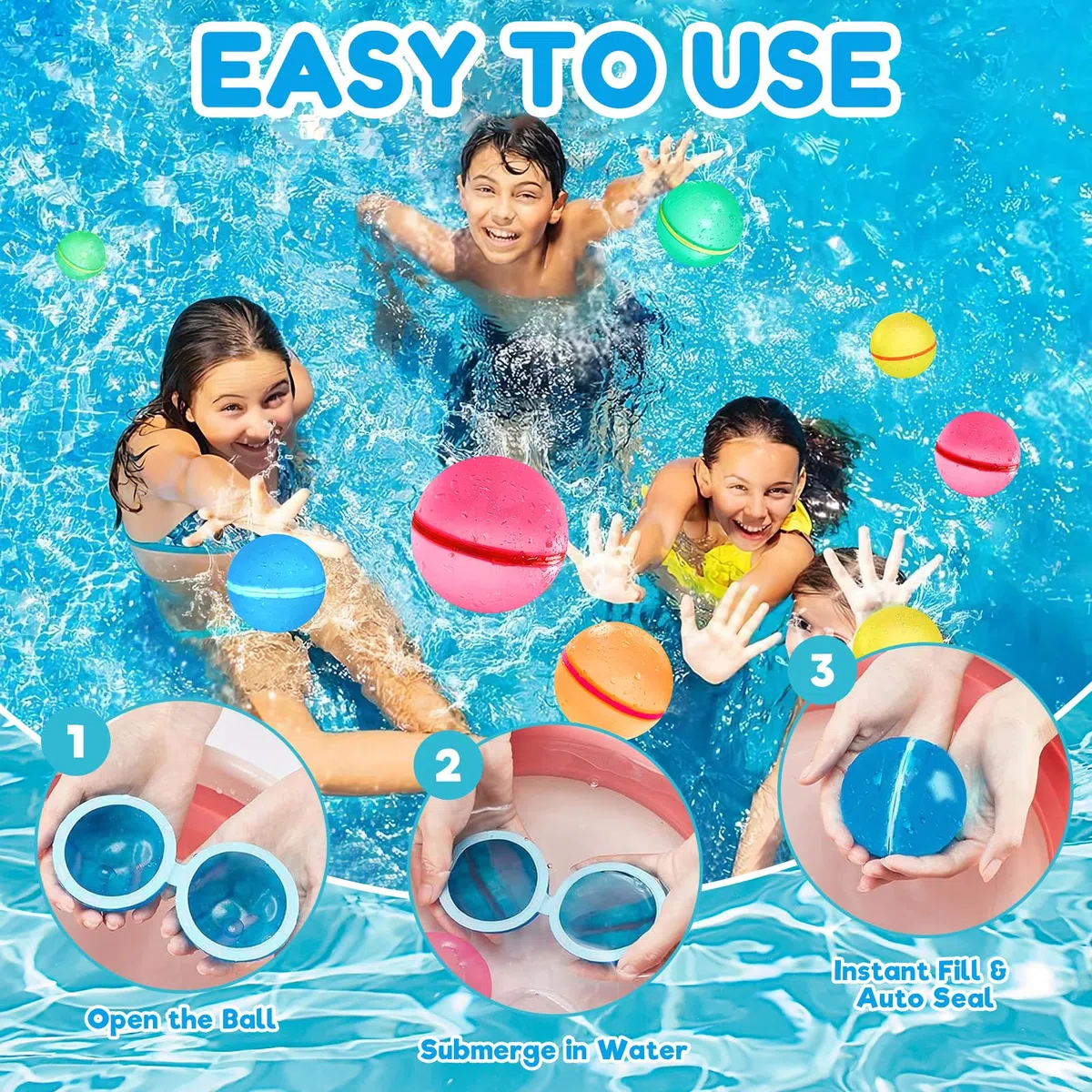 Palloncini Acqua Riutilizzabili 15 Pezzi in 5 Colori, Gavettoni Magnetici Autosigillanti in Silicone con Sacchetto a Rete, Giochi Acqua Bambini per Piscina e Spiaggia