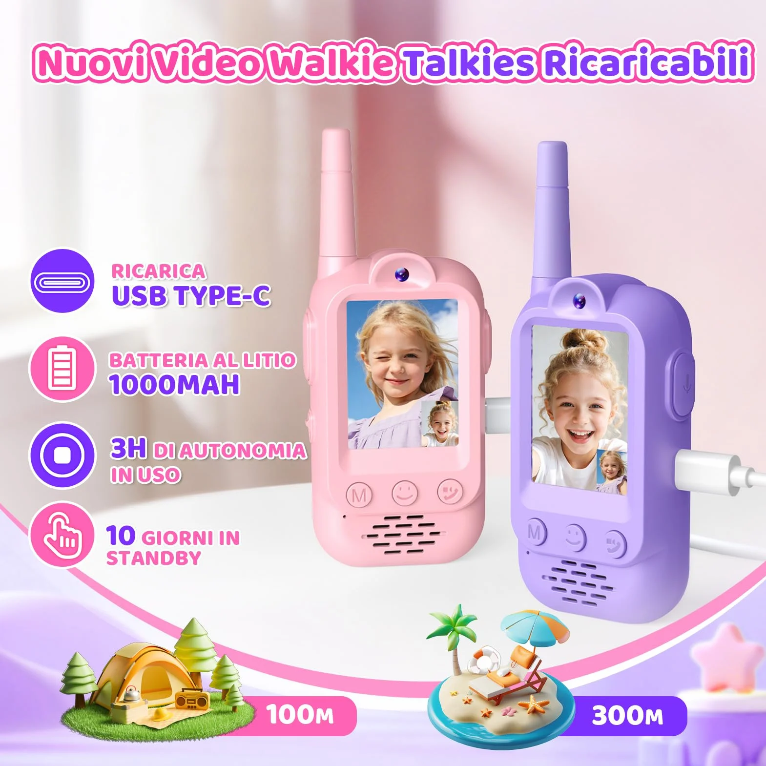 iKidiki Walkie Talkie Bambini Ricaricabili, Regalo Bambina 3 4 5 6 7 8 Anni Walkie-Talkie per Bambini con Video Giocattoli Giochi Bambina 3-8 Anni Femmina Idee Regali di Compleanno per Bimba