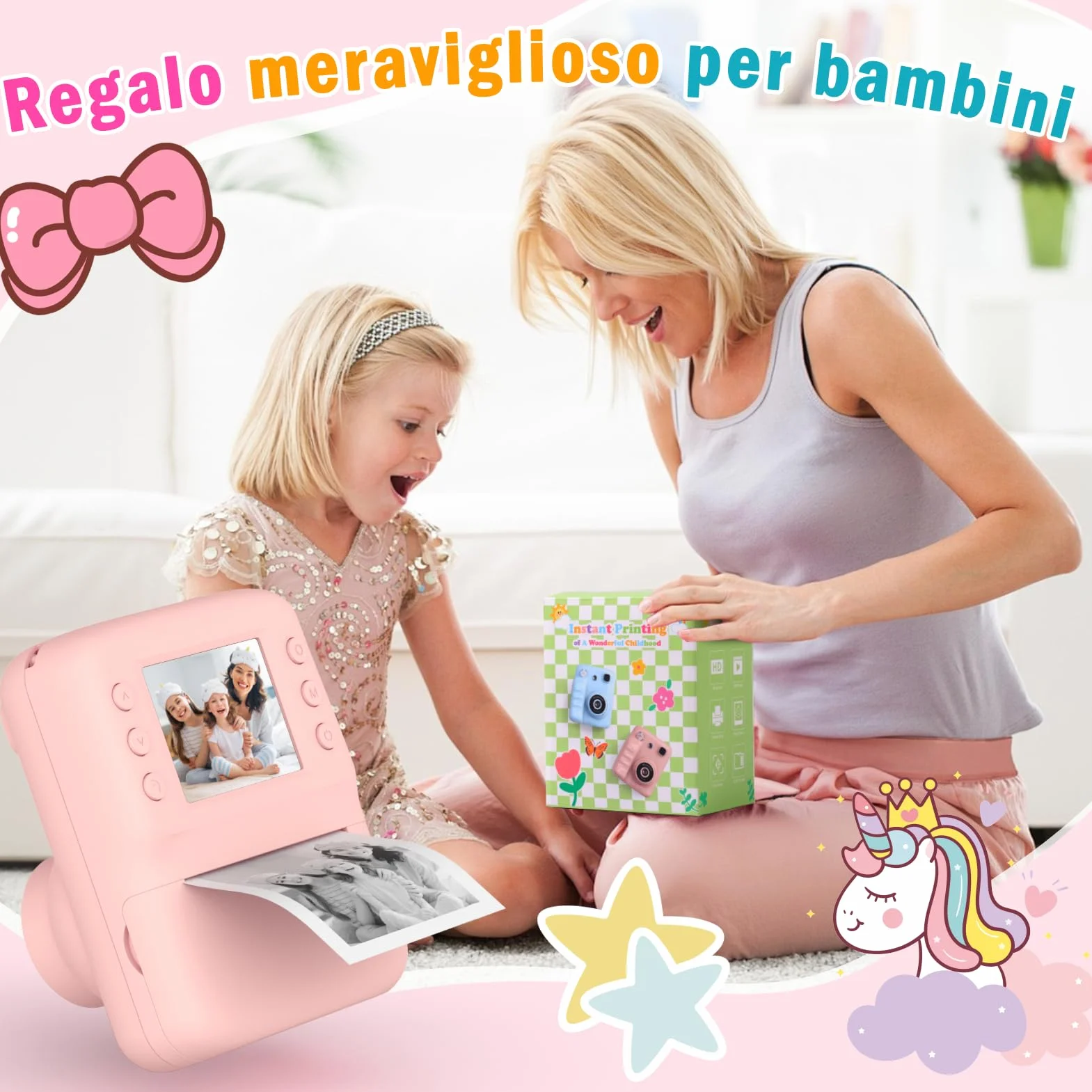 Macchina Fotografica Bambini Istantanea, 2.4" HD Fotocamera Bambini Regalo Bambina 3-10 Anni Macchina Fotografica Digitale Giochi Bambina 3-8 Anni Fotocamera Istantanea Regalo Natale
