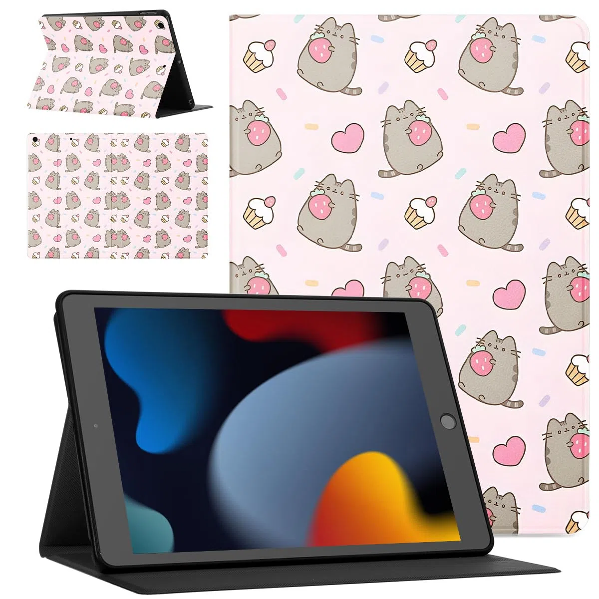 Tablet Cover per iPad 9/8/7 10,2", Modell 2021/2020/2019, 9./8./7. Generation, Cute Cartoon Cat Pusheen Motivo Moda Design con Funzione Pelle PU Holder Flip con Regolabile Tablet Protezione Case,Cat