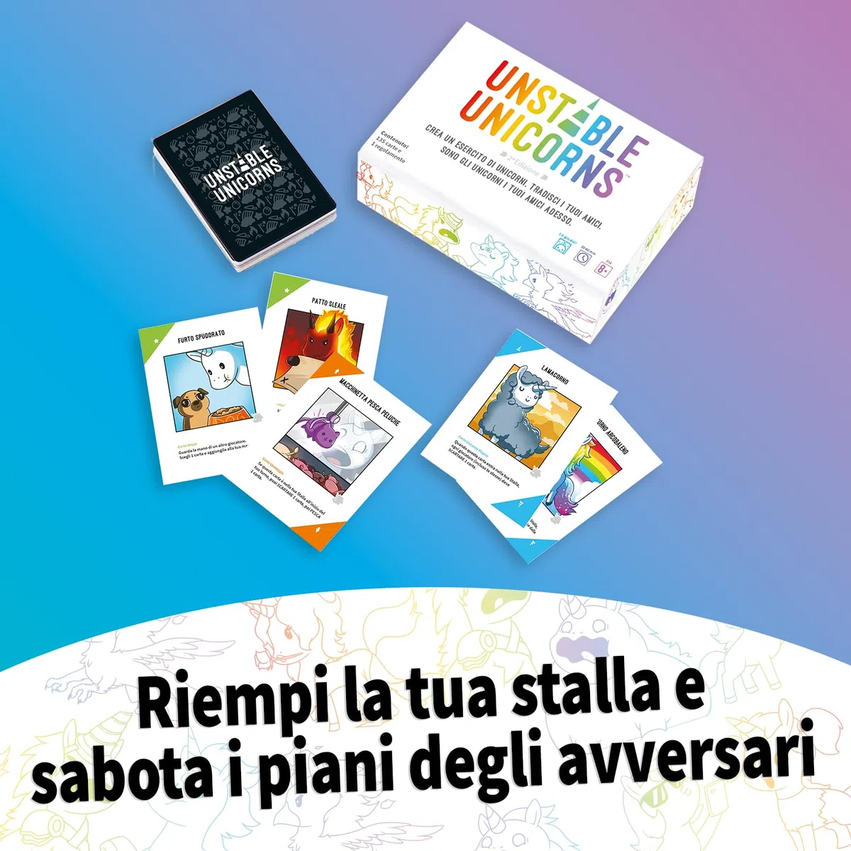 Asmodee – UNSTABLE UNICORNS – Tradisci i tuoi amici e scatena la distruzione – Gioco Strategico e Carte da Gioco Divertente – Idea Regalo – 2-8 Giocatori – 8+ Anni – Ed. in Italiano