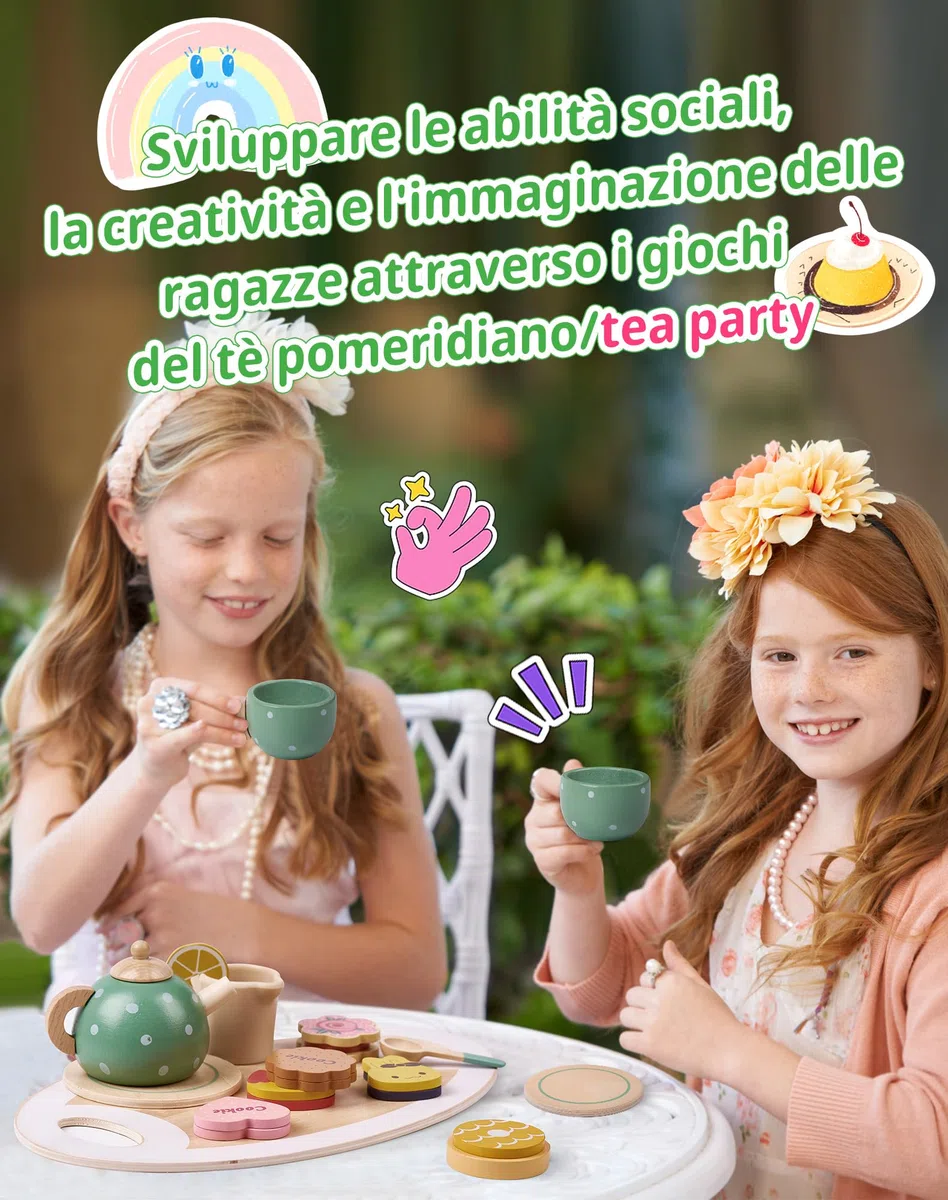 Set da Tè Giocattoli in Legno per Bambini 3-7 Anni Cucina Giocattolo Tea Party Educativi Montessori Gioco di Imitazione per Ragazze Regalo Compleanno Pasqua Halloween Natale per Bambina 3 4 5 6 Anni