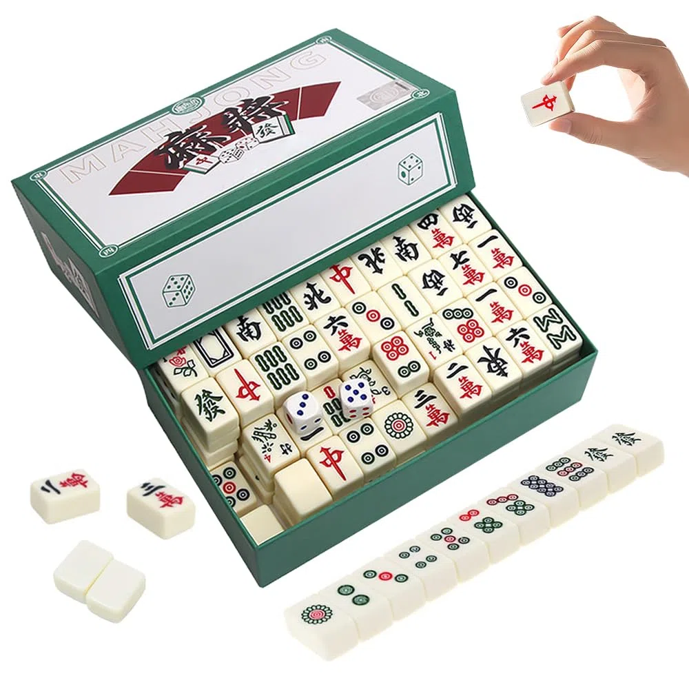Mini Mahjong Gioco, Tradizionale Cinese Mahjong Gioco da Tavolo, Portatile mahjong Set con 144 Tessere Majong e 2 Dadi, per Famiglie, Viaggi, Feste, Giochi da Tavolo
