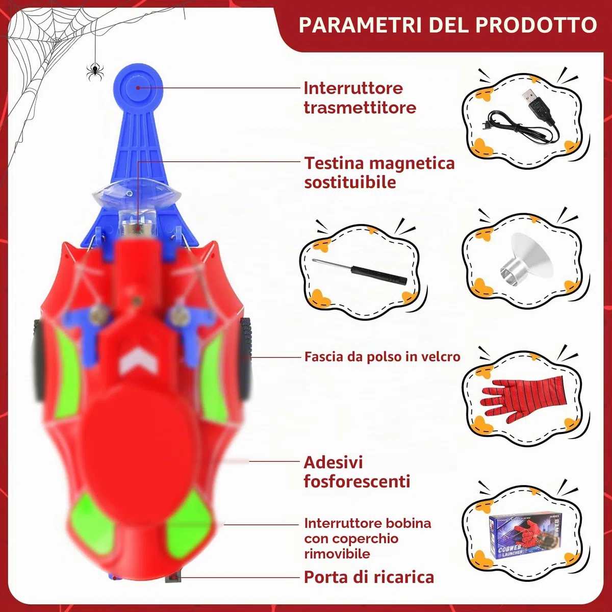 Spider Web Shooter,Web Launcher con Filo e Recupero Automatico Della Corda,Spara Ragnatele Spiderm,Lancia Ragnatele spiderm,Giocattolo da Polso per cosplay Feste e Compleanni, Giochi Bambino 5-10 Anni