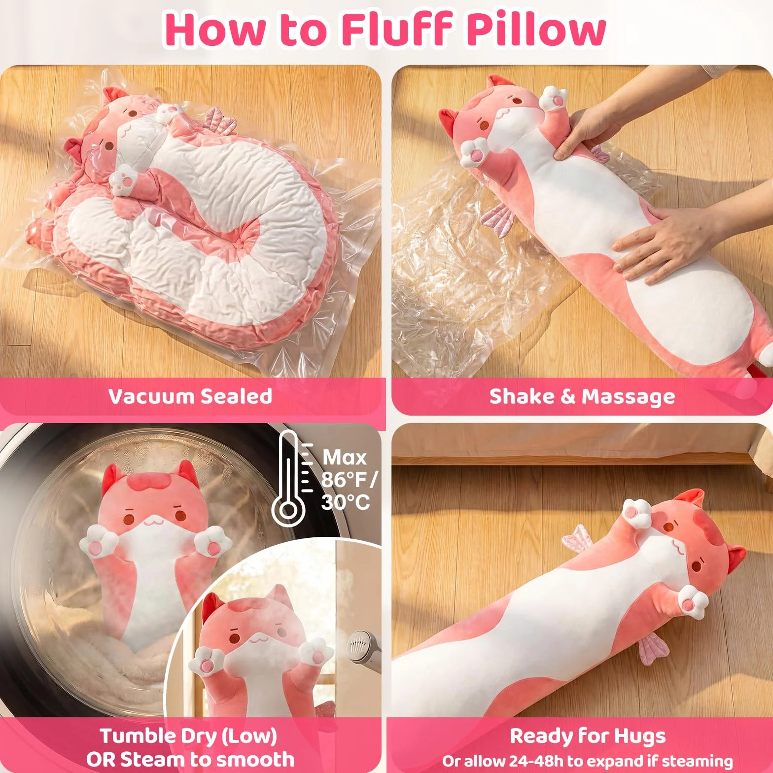 Mewaii Peluche Cuscino Kawaii Lungo Gatto Rosa 50CM per Bambina Cuscino di Peluche Animali Giocattoli Abbraccio Morbido Cuscino Giocattolo Regalo per Ragazza 3 anni in su