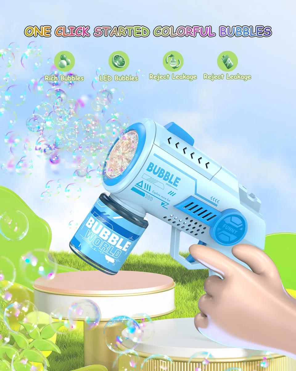 Pistola a Bolle per Bambini, Automatica Macchina di Sapone con 10 Pezzi Particella Concentrata a Bolla, 6000 + Bolle/Min, Luce LED, Estate per Festa/Spiaggia/Compleanno/Matrimonio(Blu)