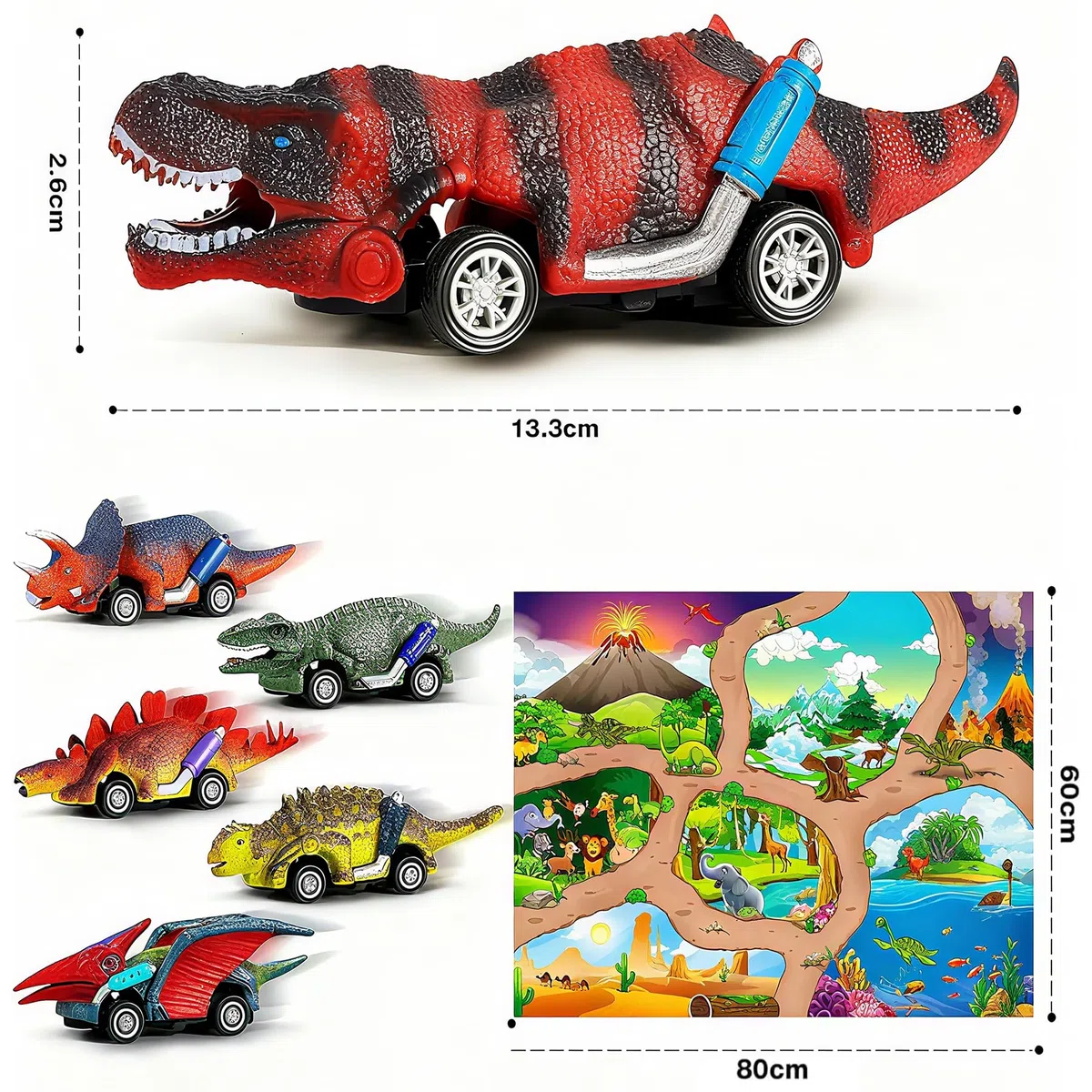 Dinosauri Macchinine Giocattolo per Bambini - 6 Pezzi Dinosauro Giocattolo Tirare Indietro Auto con Tappetino attività - Regalo per Bambini 2 3 4 5 6 Anni Ragazzo e Ragazza - Pasqua Regalo