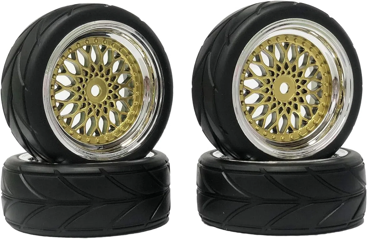 Set di pneumatici e ruote per auto RC, KINGCOO 4 pezzi pneumatici in gomma da 64mm con ruote rivestite in plastica esagonali da 12mm per 1/10 RC On-Road Run-Flating Touring Racing Auto (Oro Argento)