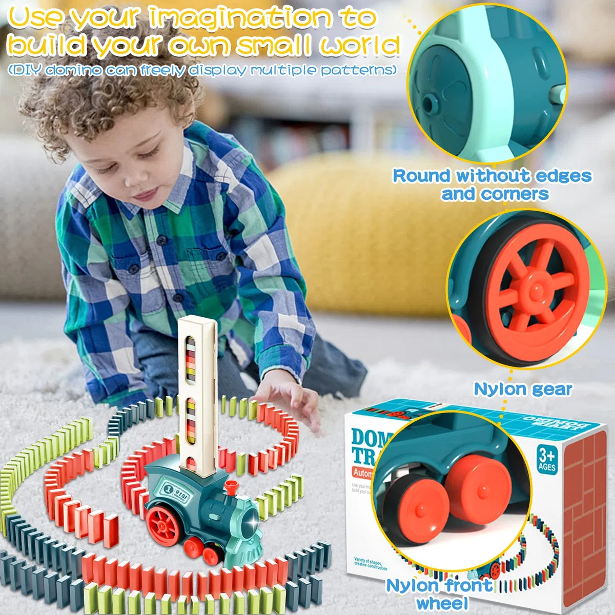 Set Treno Domino Automatico con 160 Blocchi. Trenino Elettrico con Luci e Suoni, Divertente e Colorato per Giocattoli di 3 4 5 Anni (blu)