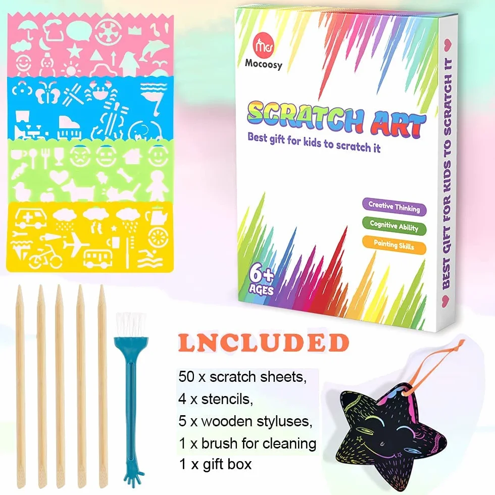 Mocoosy 60Pcs Scratch Art Bambini, Arcobaleno carta da grattare Set di pittura con 4 stencil 5 stilo in legno, giocattoli attività Bambini Regalini Fine Festa, regali di compleanno per ragazzi ragazze