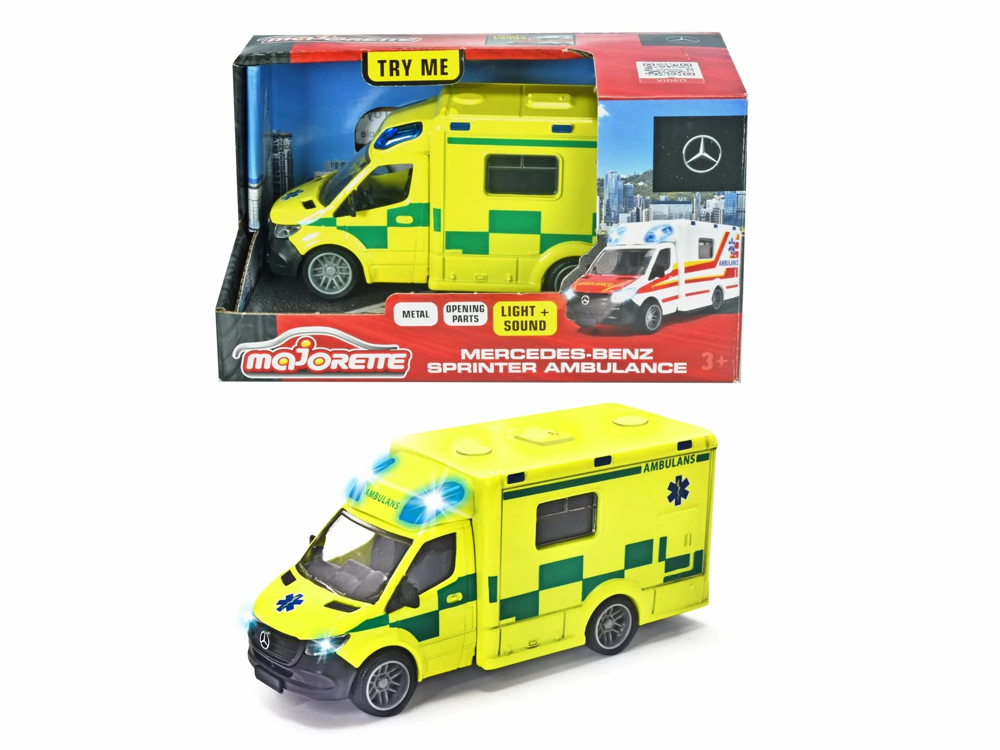 Majorette 213712001033 - Grand Series - Mercedes-Benz Sprinter Ambulanza Svedese - Ambulanza in Svedese Modello con Ruota Libera, Metallo, Luce, Coperte in Gomma Morbida, 12,5 cm, 1:43, Da 3 anni,